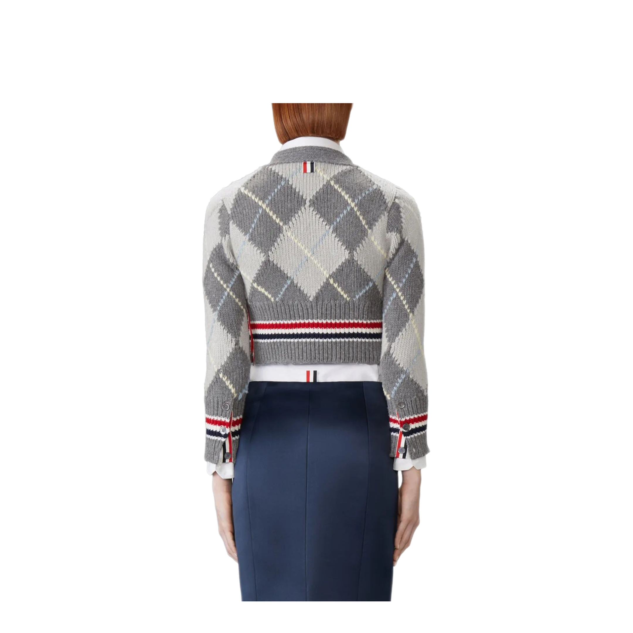MAYFEYR - Thom Browne - Argyle Jersey Intarsia Shrunken V Neck Cardigan In Chunky Merino Wool W/ Rwb Stripe - FKC679AY1029982
