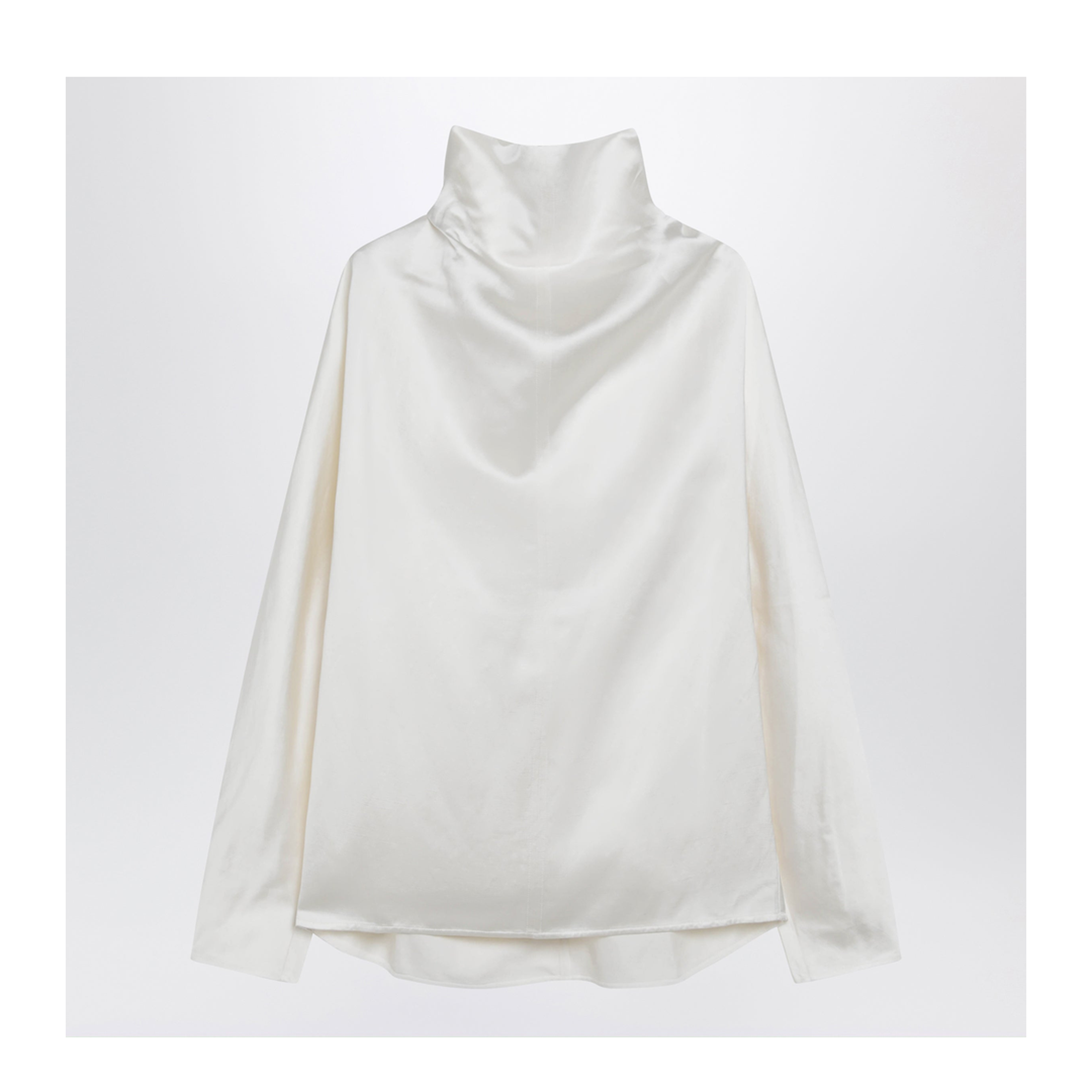 White Draped Blouse in Viscose-Linen with Waterfall Neck