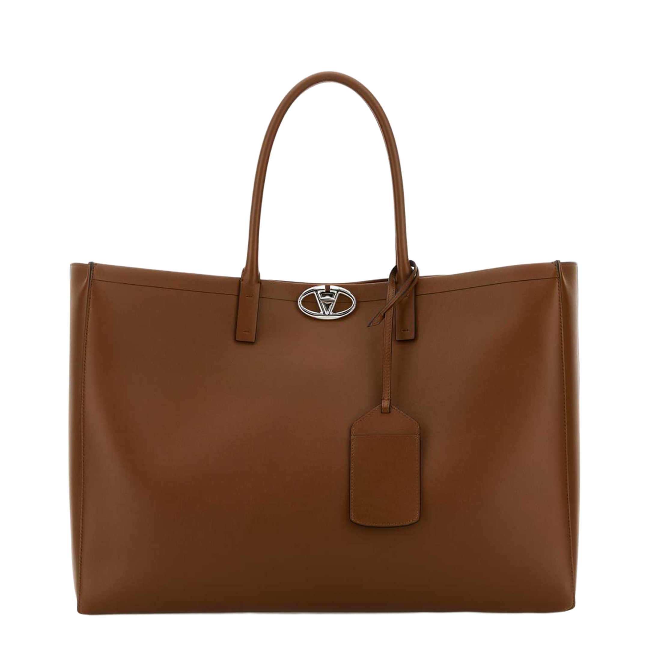 Brown Leather VLogo Shopping Bag