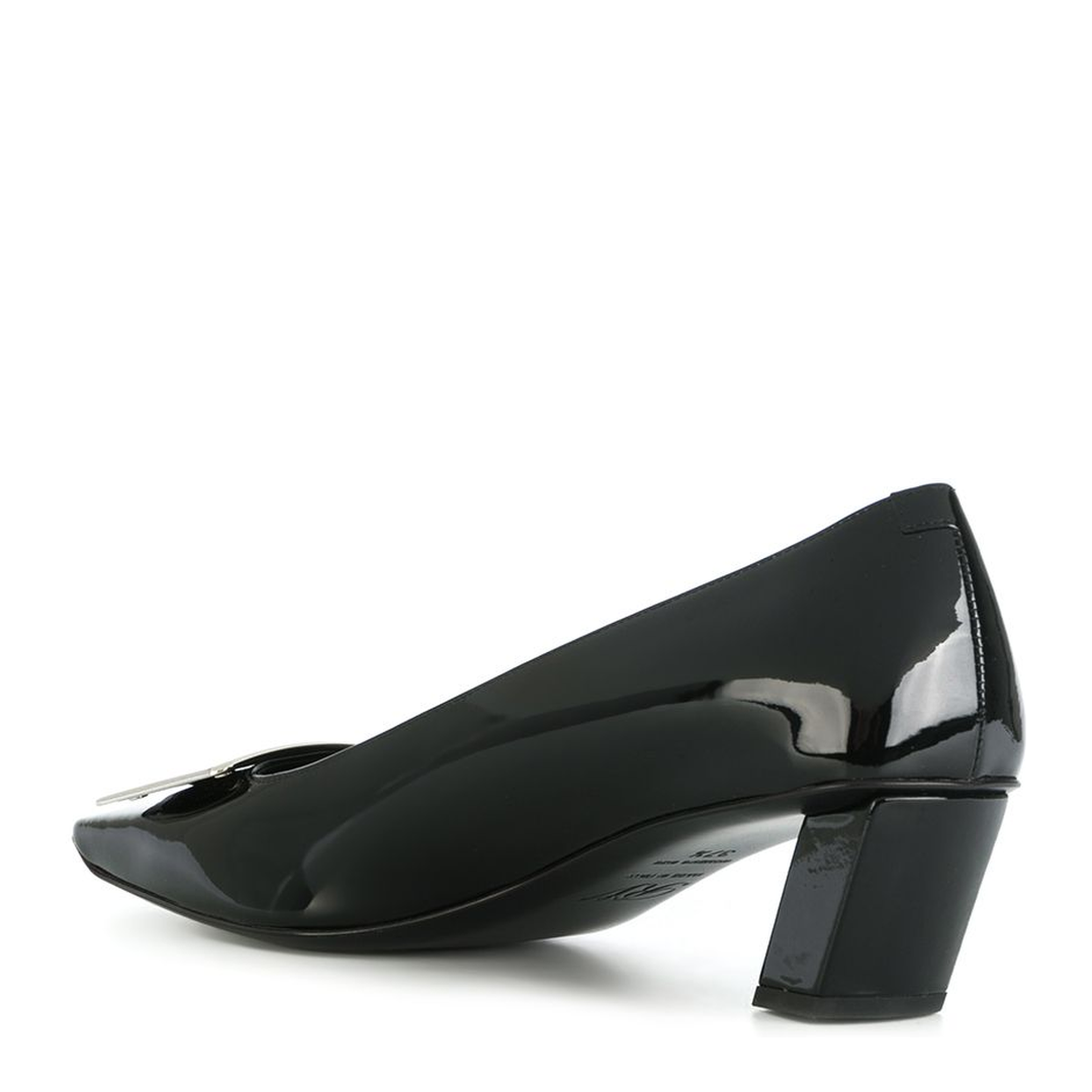 black calfskin pumps with buckle and wide heel