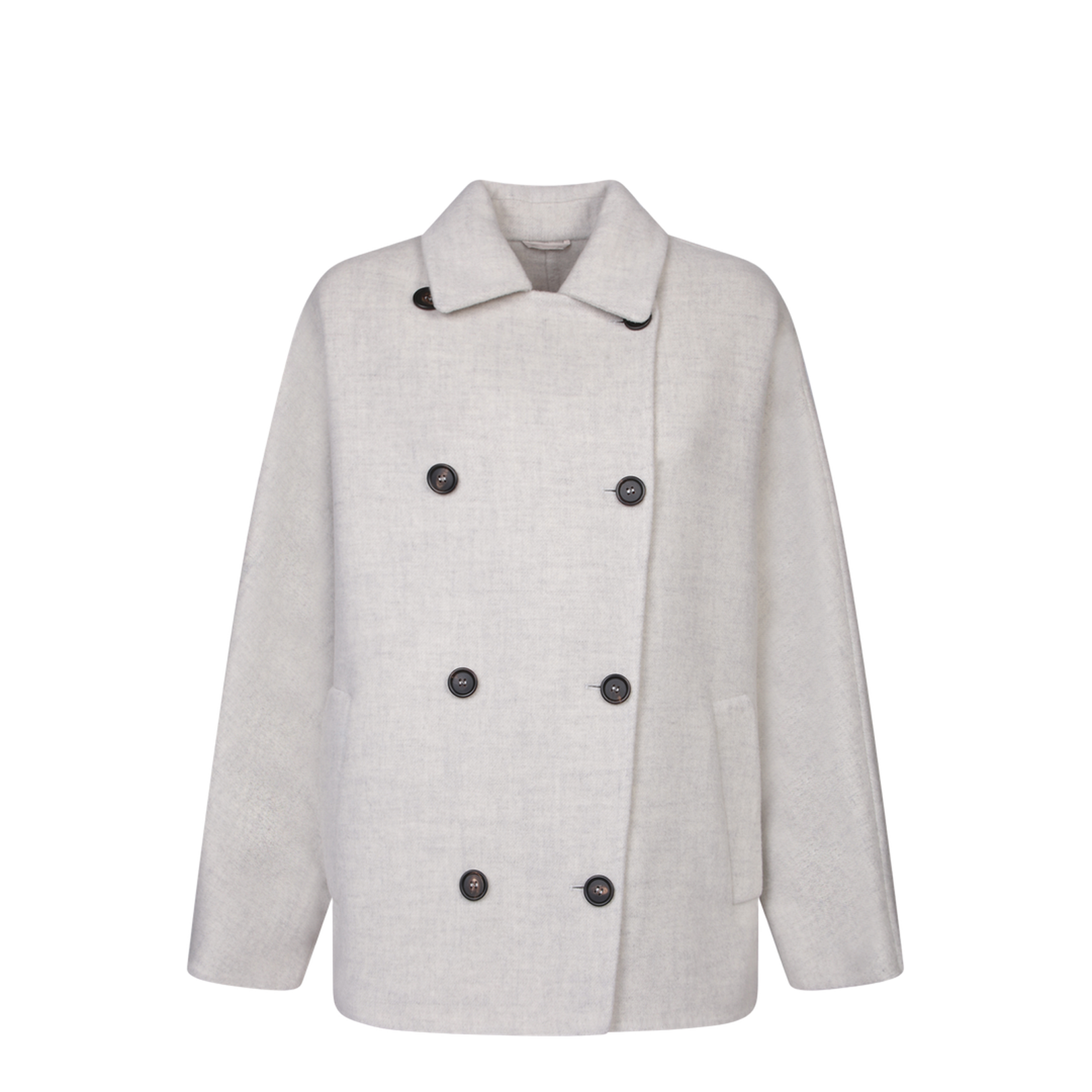 Mixed Wool Fabric Coat with Six Front Buttons, Classic Collar, and Two Side Pockets