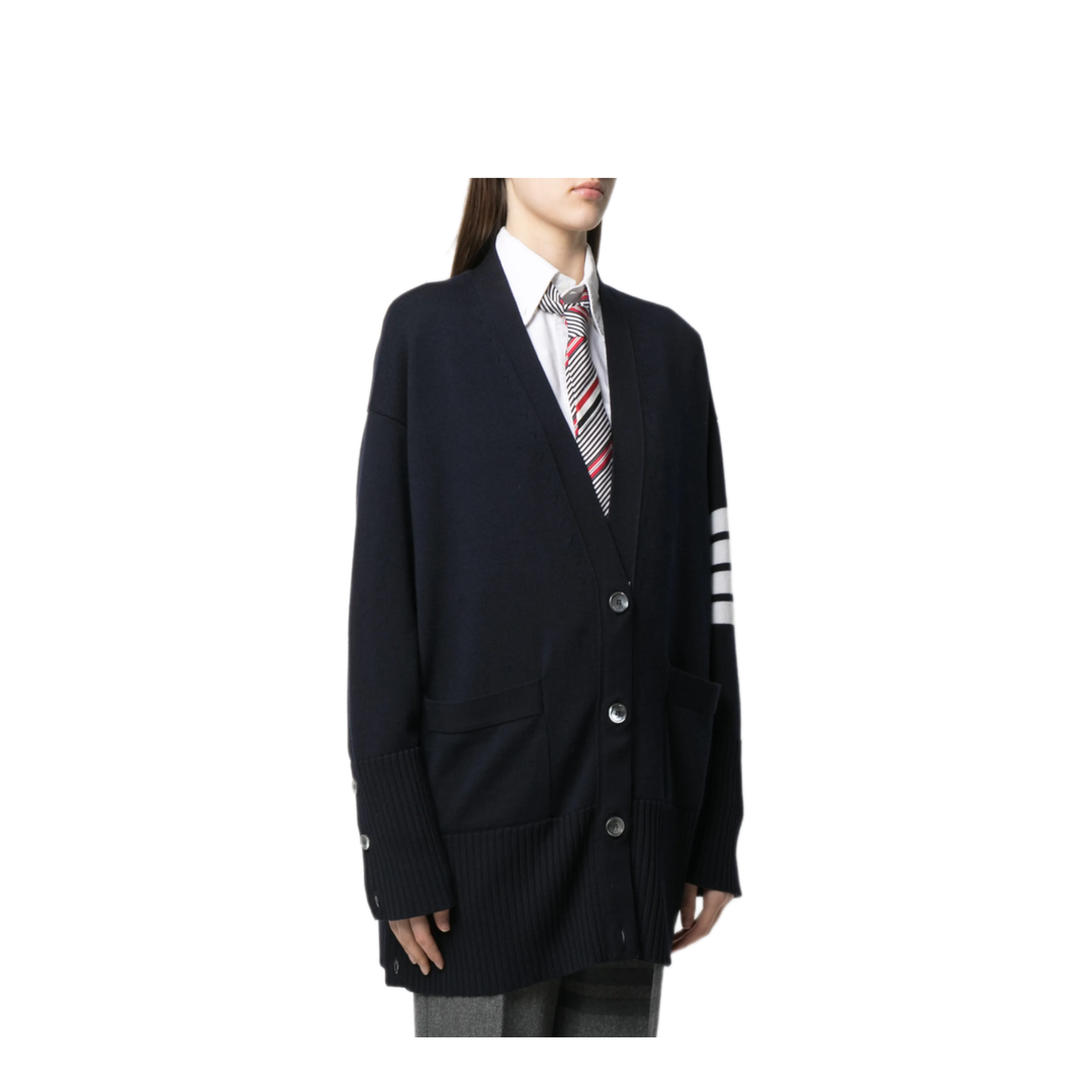 MAYFEYR - Thom Browne - Exaggerated Fit V Neck Cardigan W/ 4 Bar Stripe In Fine Merino Wool - FKC402AY1002415