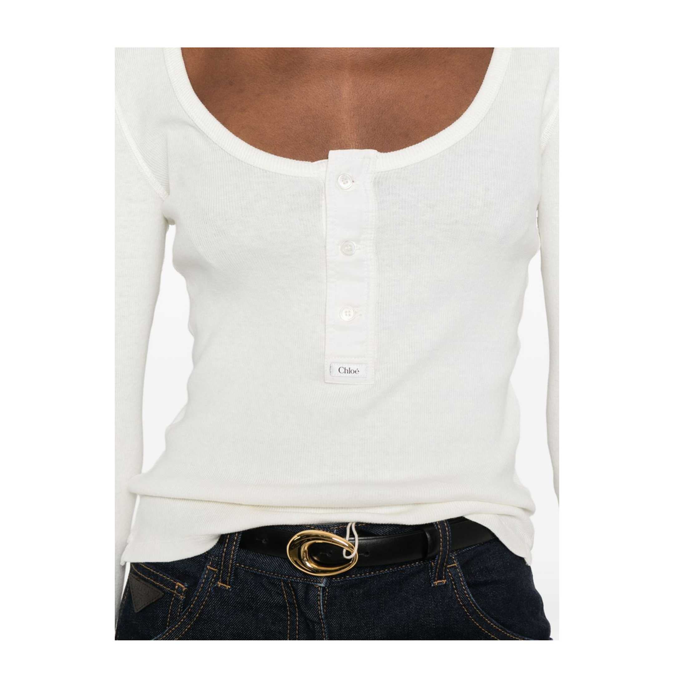 Scoop-neck Henley Shirt in Cotton Jersey White