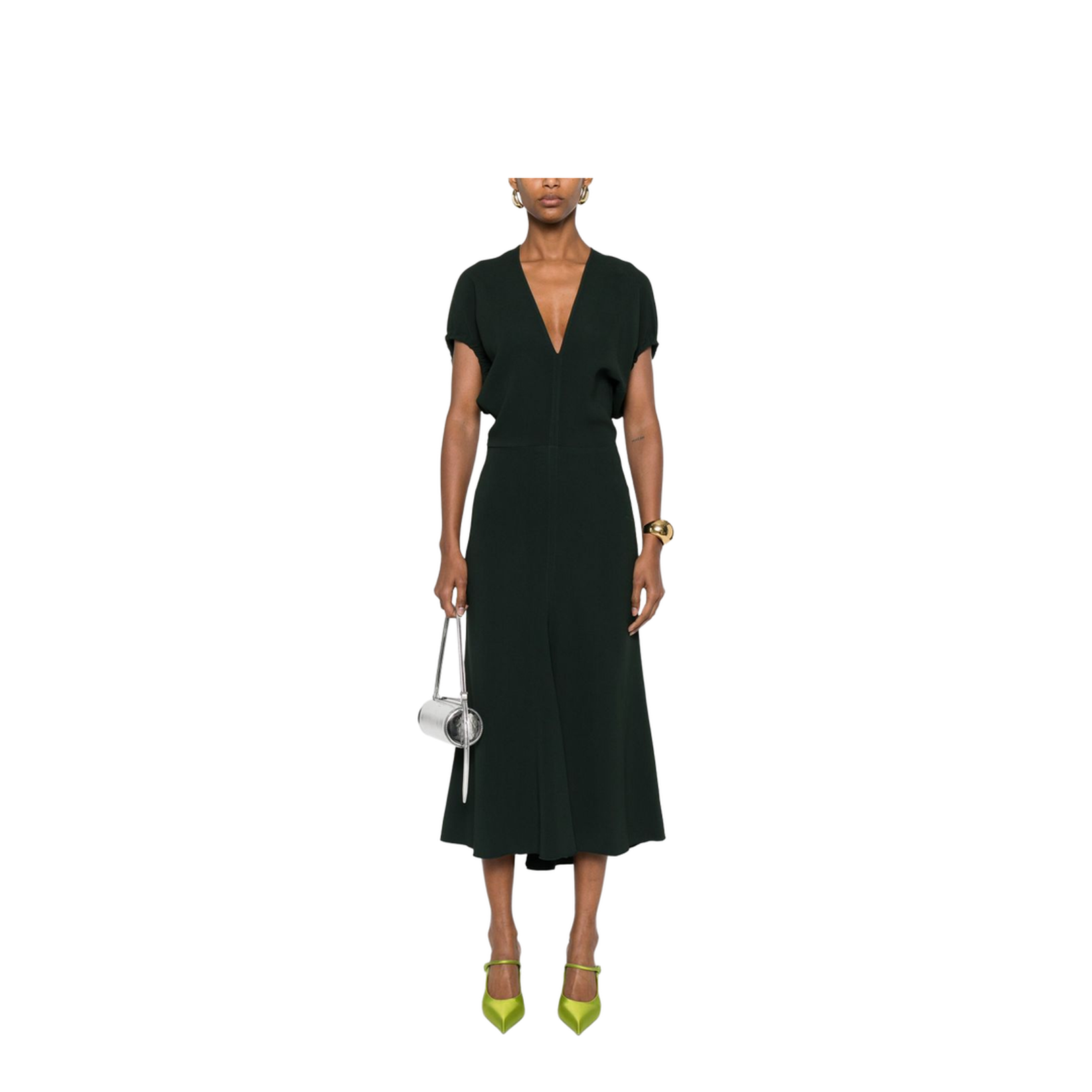 V-Neck Blouson Midi Dress in Black