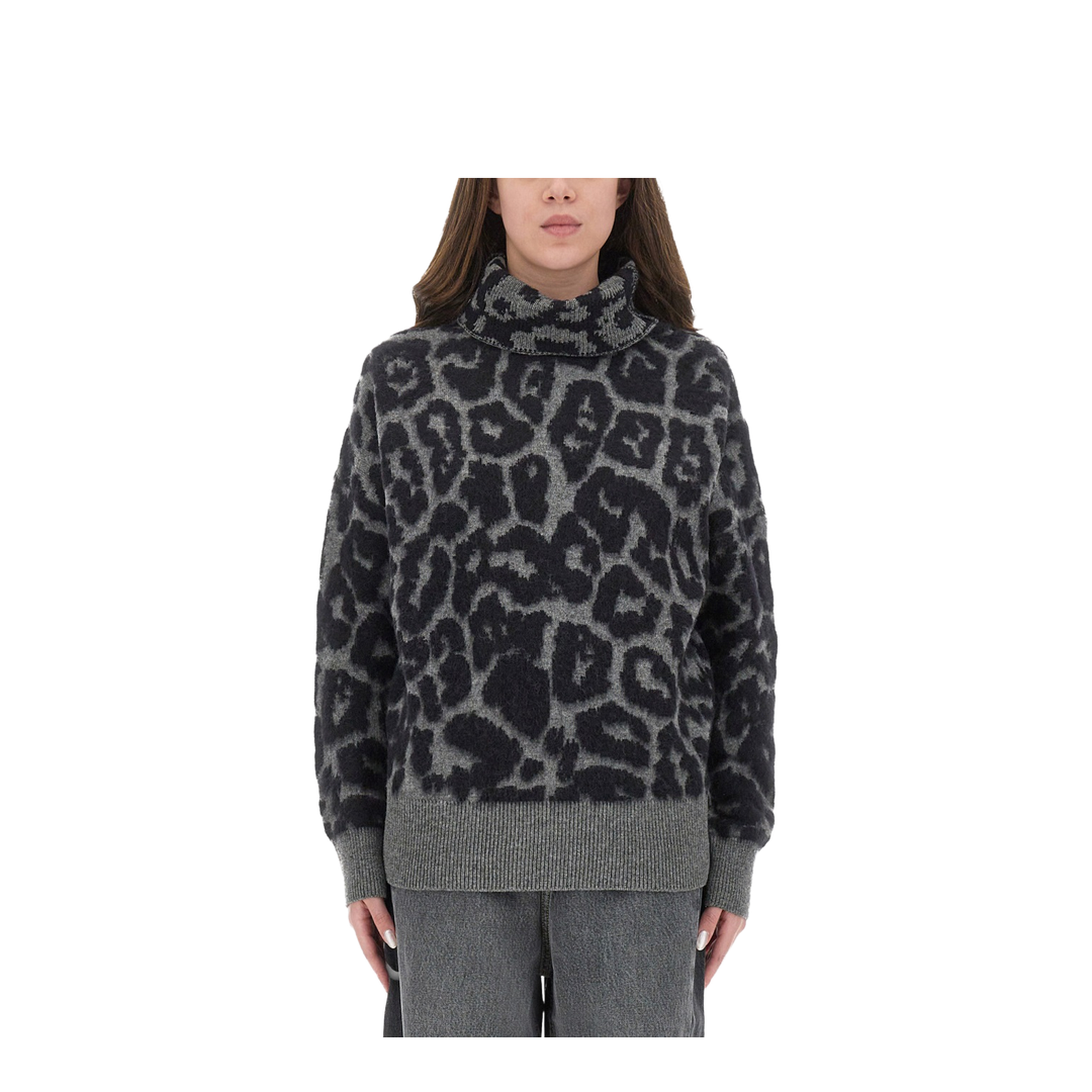 Black/Grey Leopard Jacquard Turtleneck Jumper
