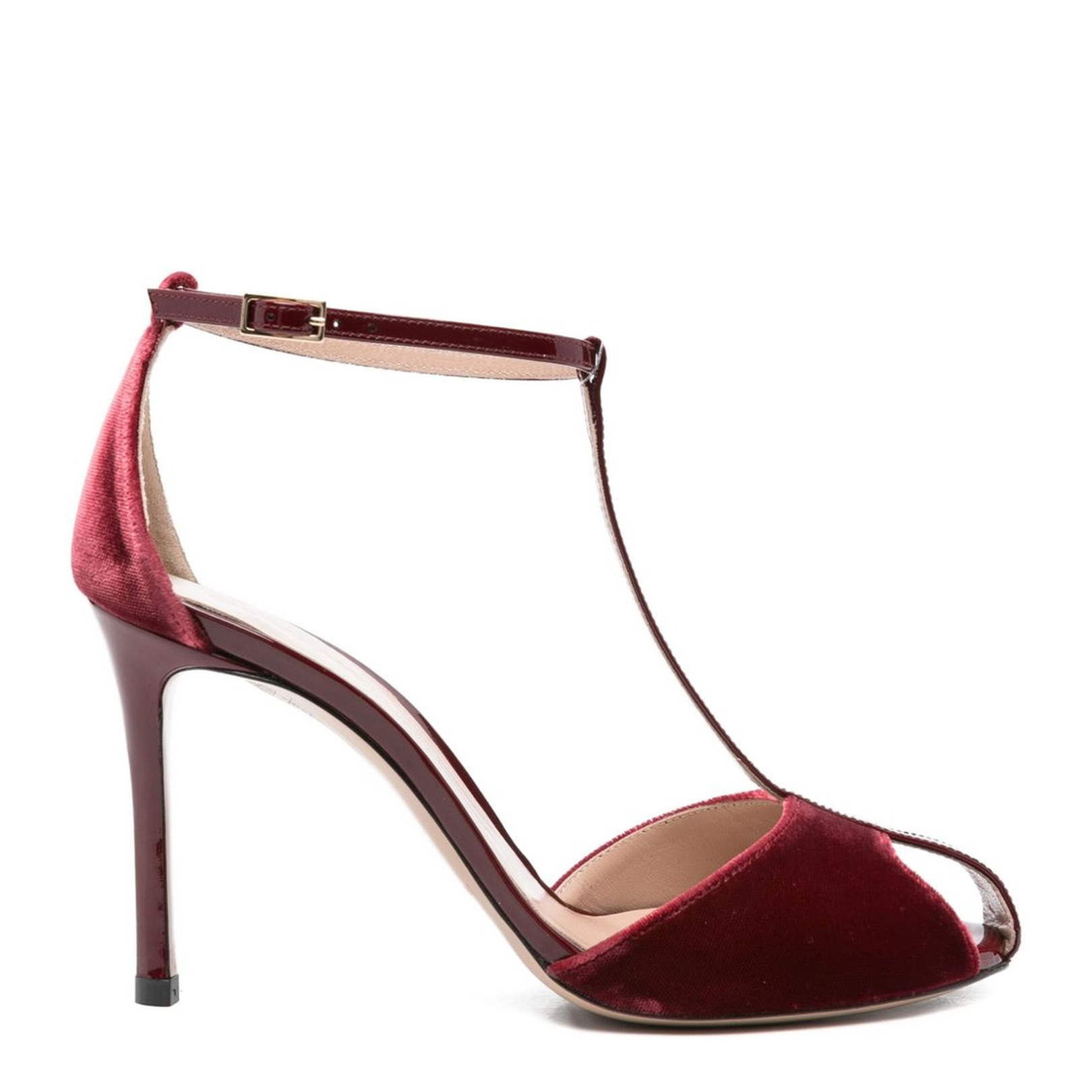 Velvet and Patent-Leather T-Bar Heeled Sandals