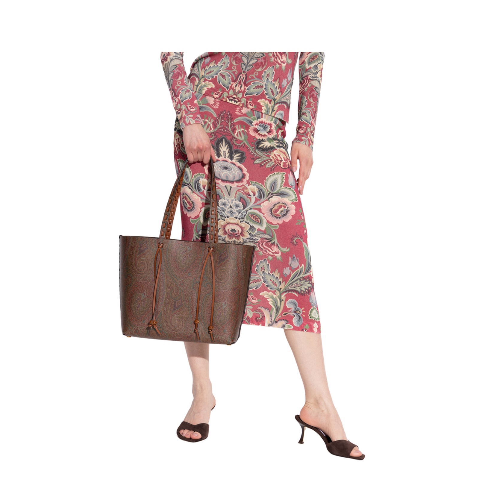 Brown Calf Leather Paisley-Print Shopping Bag