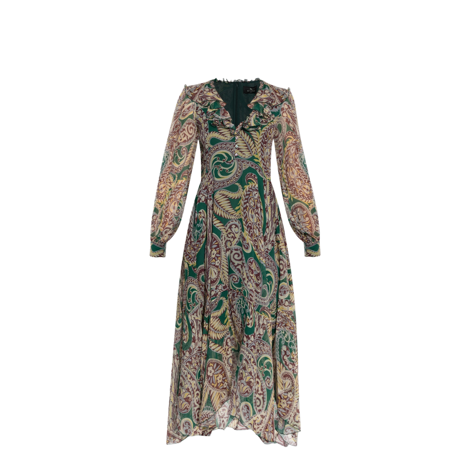 Long Silk Crepon Dress with Paisley Motif
