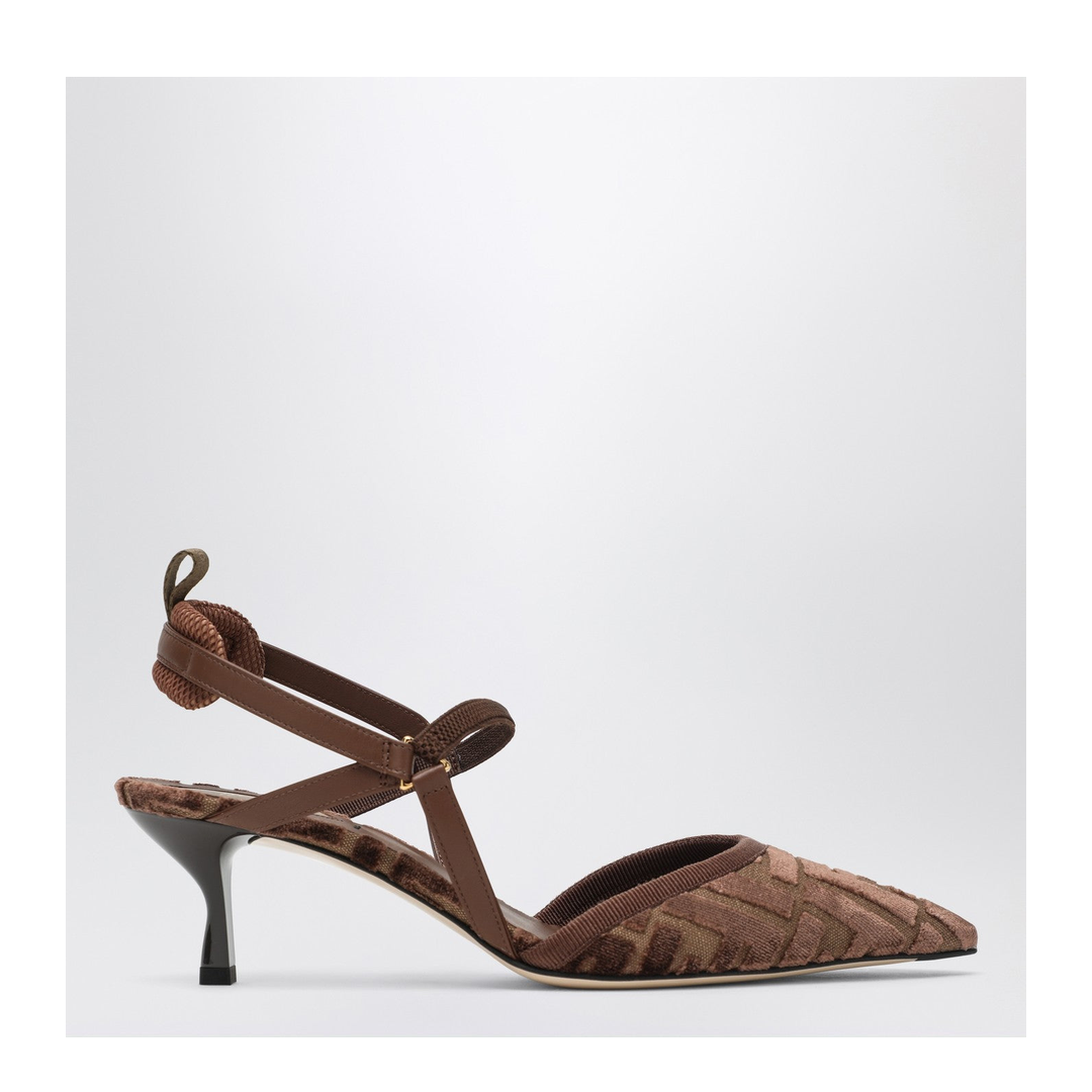 Brown FF Motif Jacquard Velvet Slingback Strap Pointed Toe
