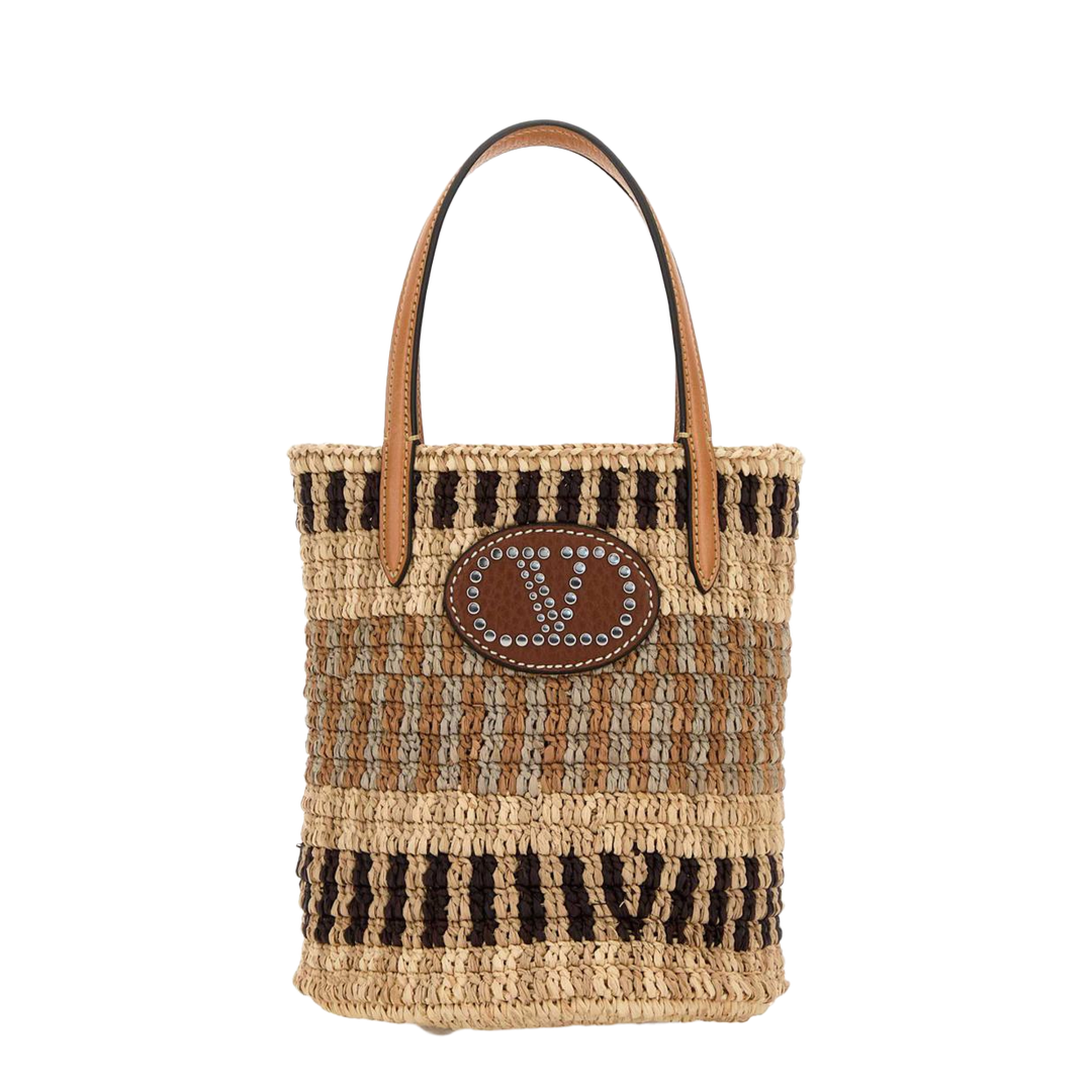 Embroidered Raffia Bucket Bag Beige