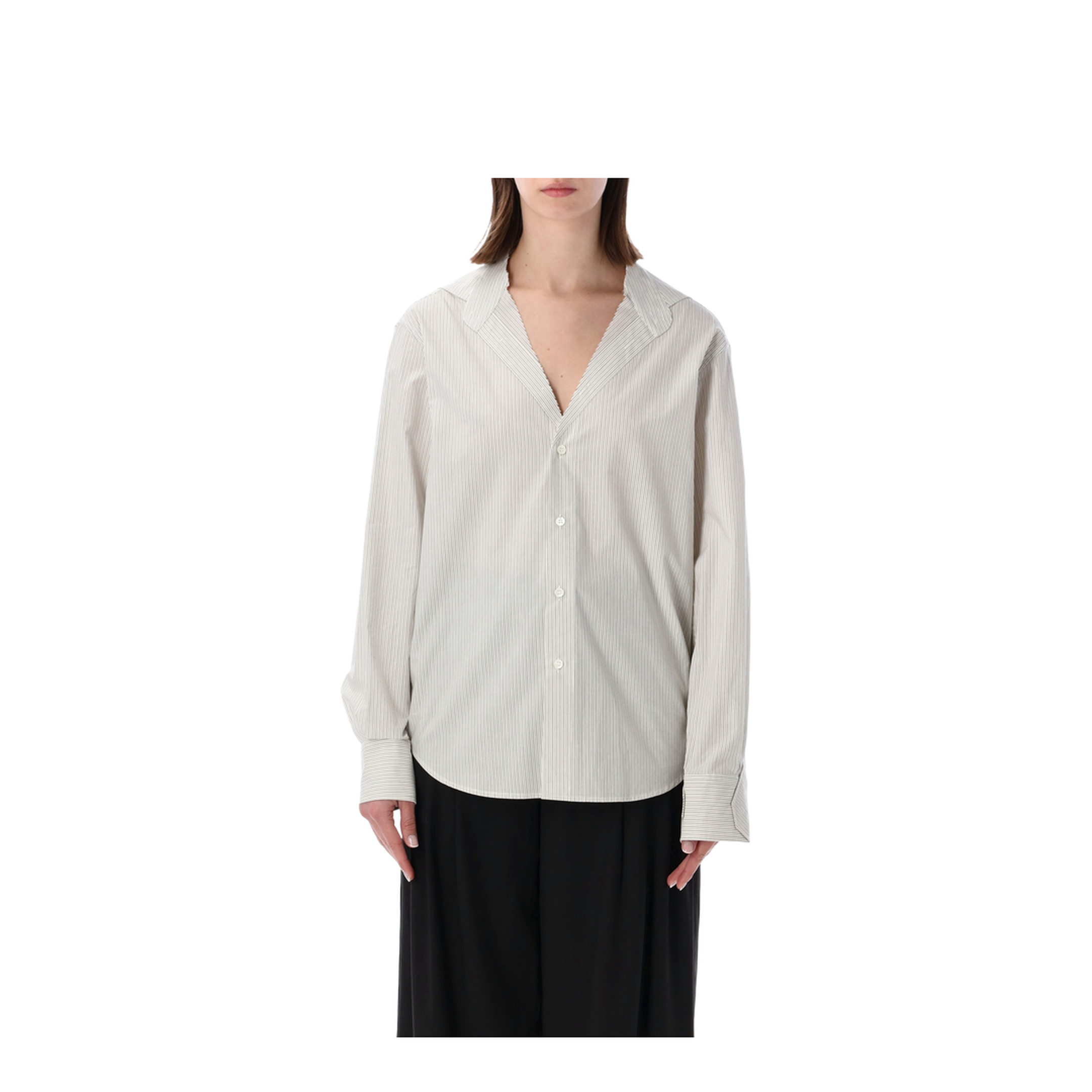Pinstriped Cotton Shirt with V-Neck