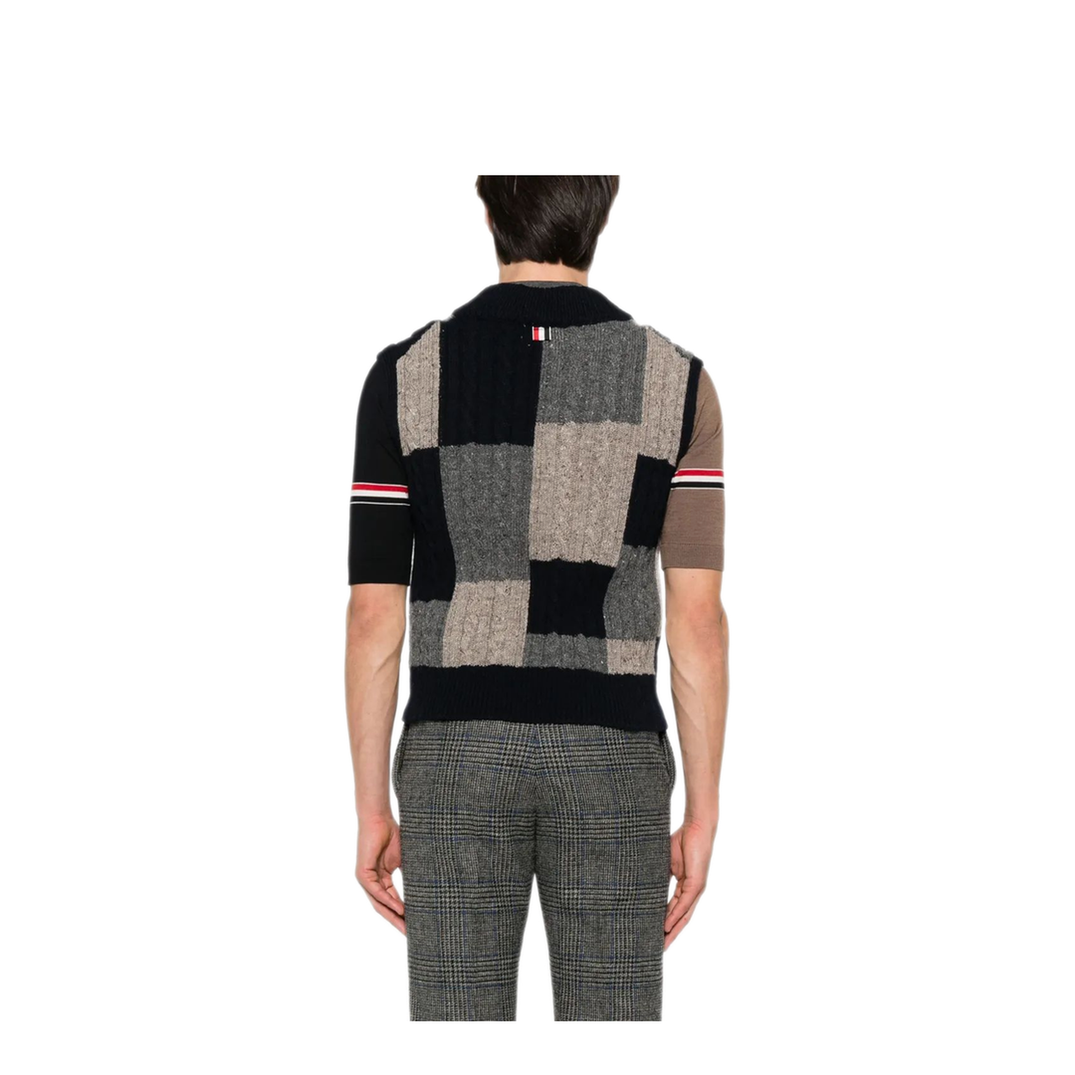 MAYFEYR - Thom Browne - Patchwork Baby Cable Intarsia V Neck Vest In Donegal - MKV092AY1032978