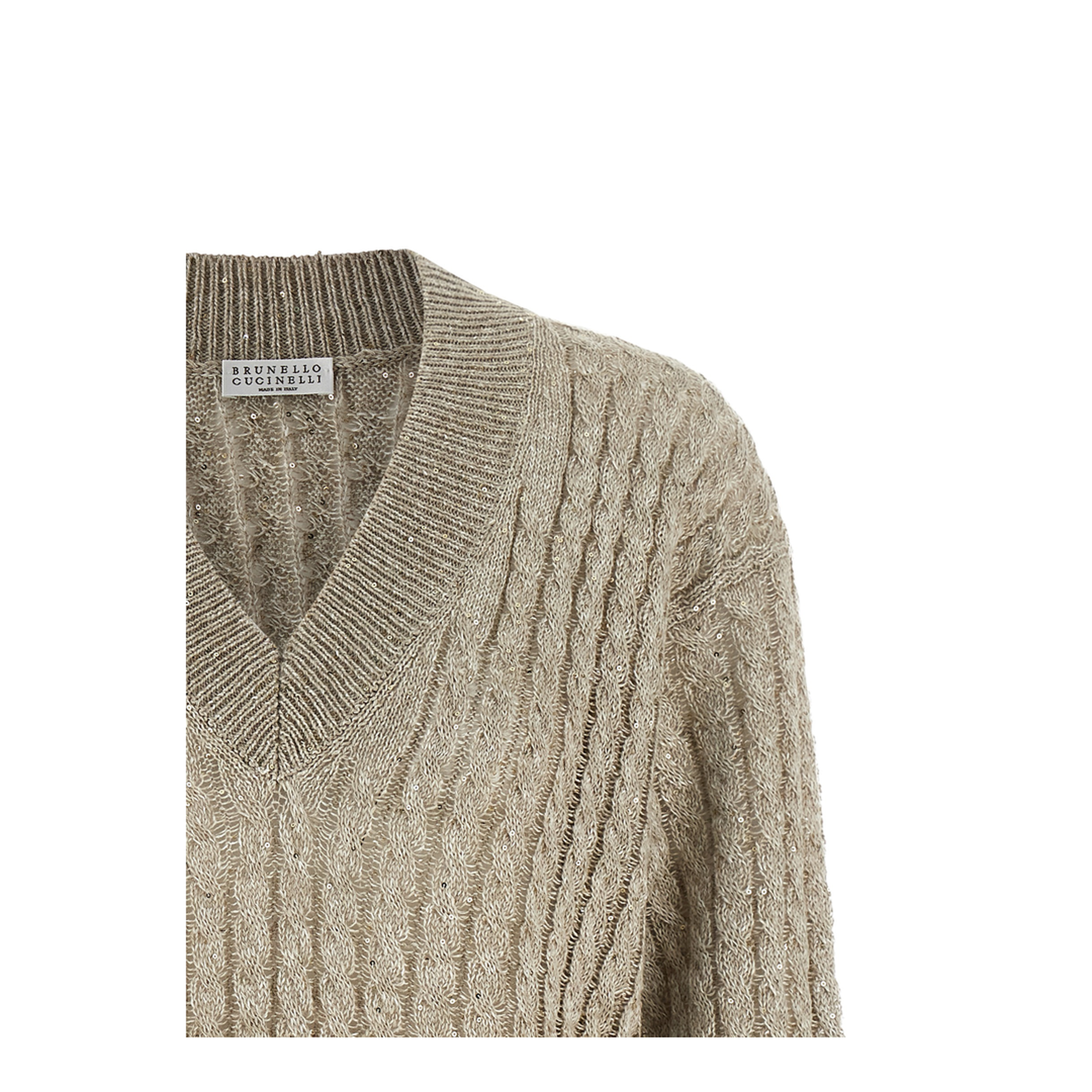 Beige Cotton Sweater with Sequins V-Neck