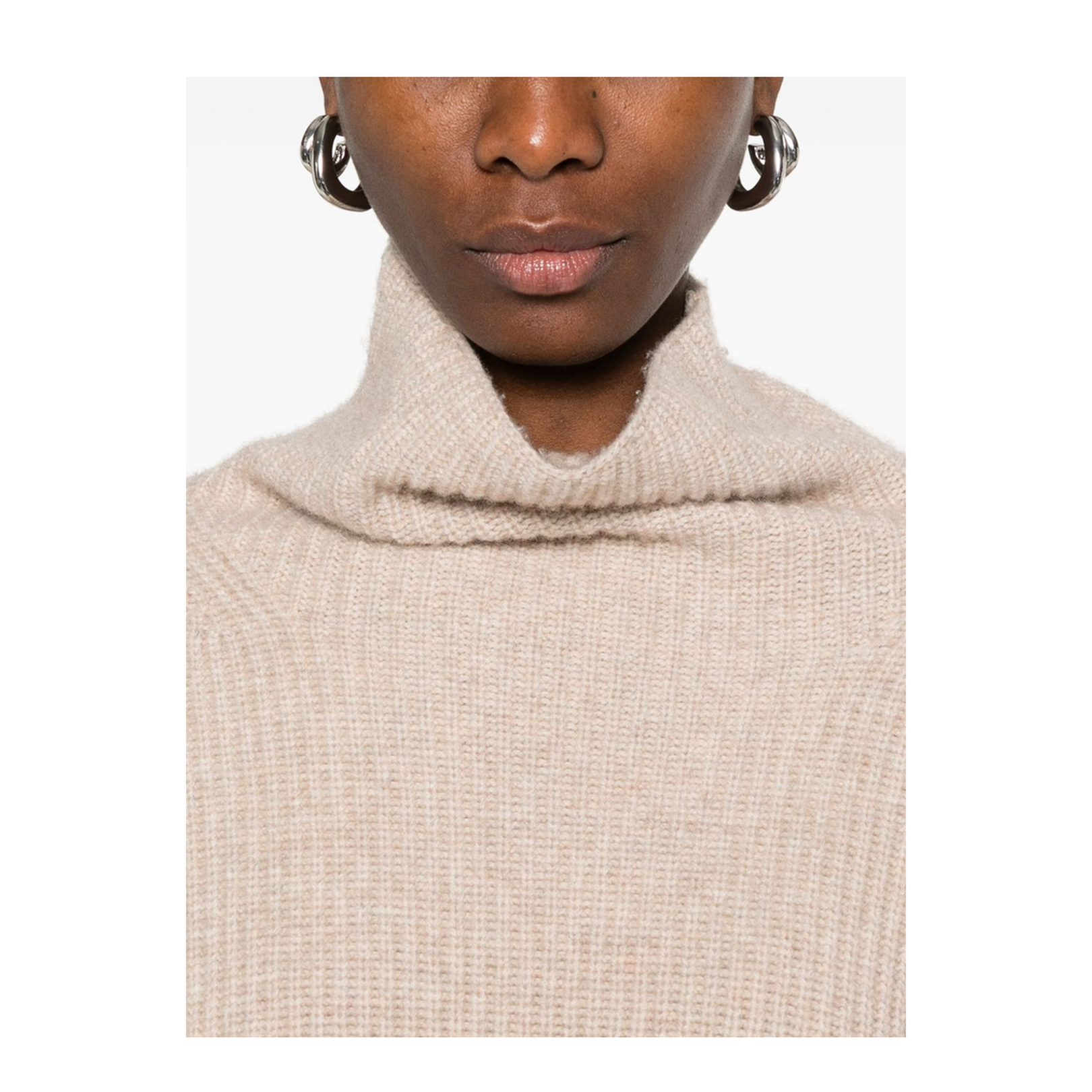 Ecru Drop Shoulder Roll Neck Long Sleeves Ribbed Cuffs and Hem
