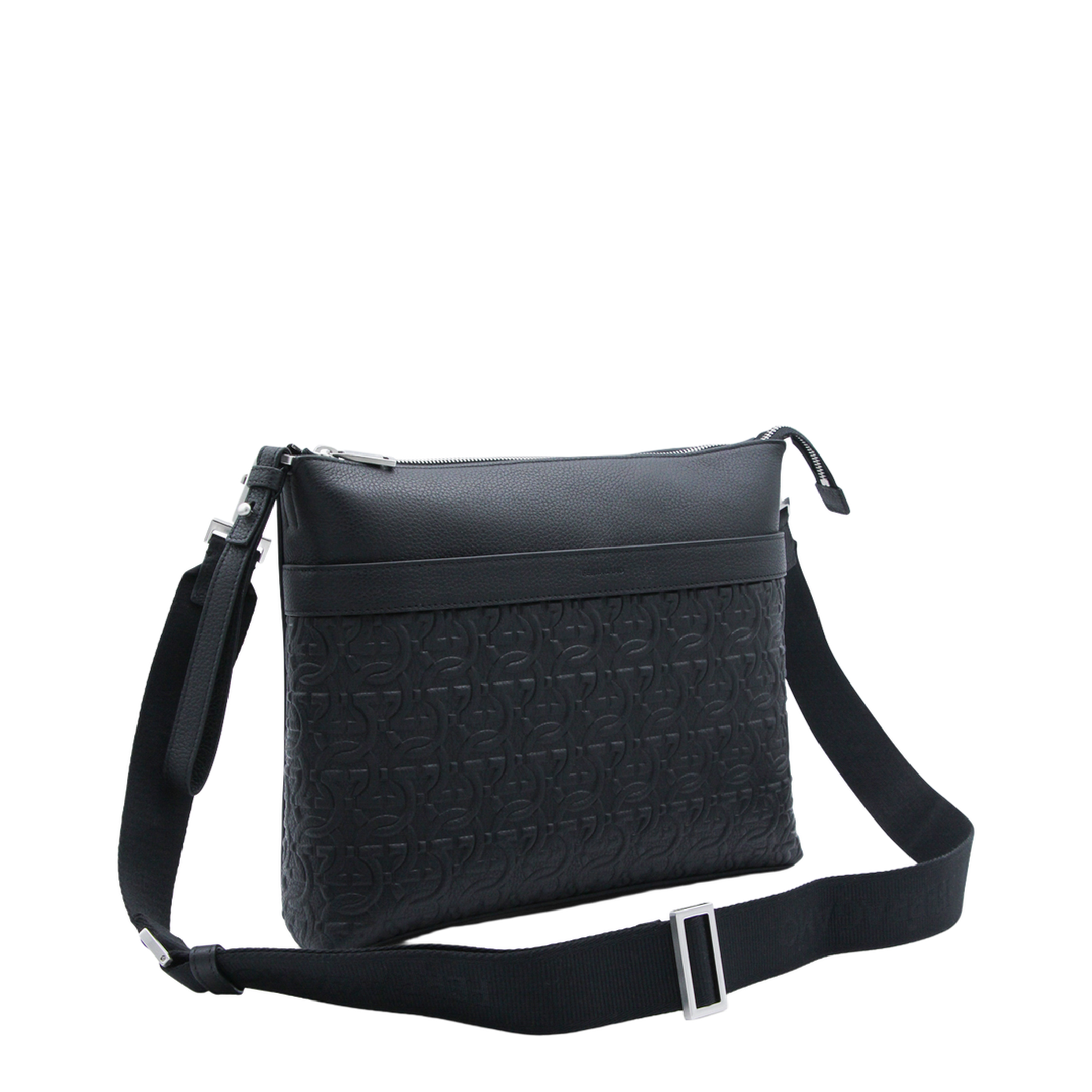 Gancini Messenger Bag In Embossed Leather - Black
