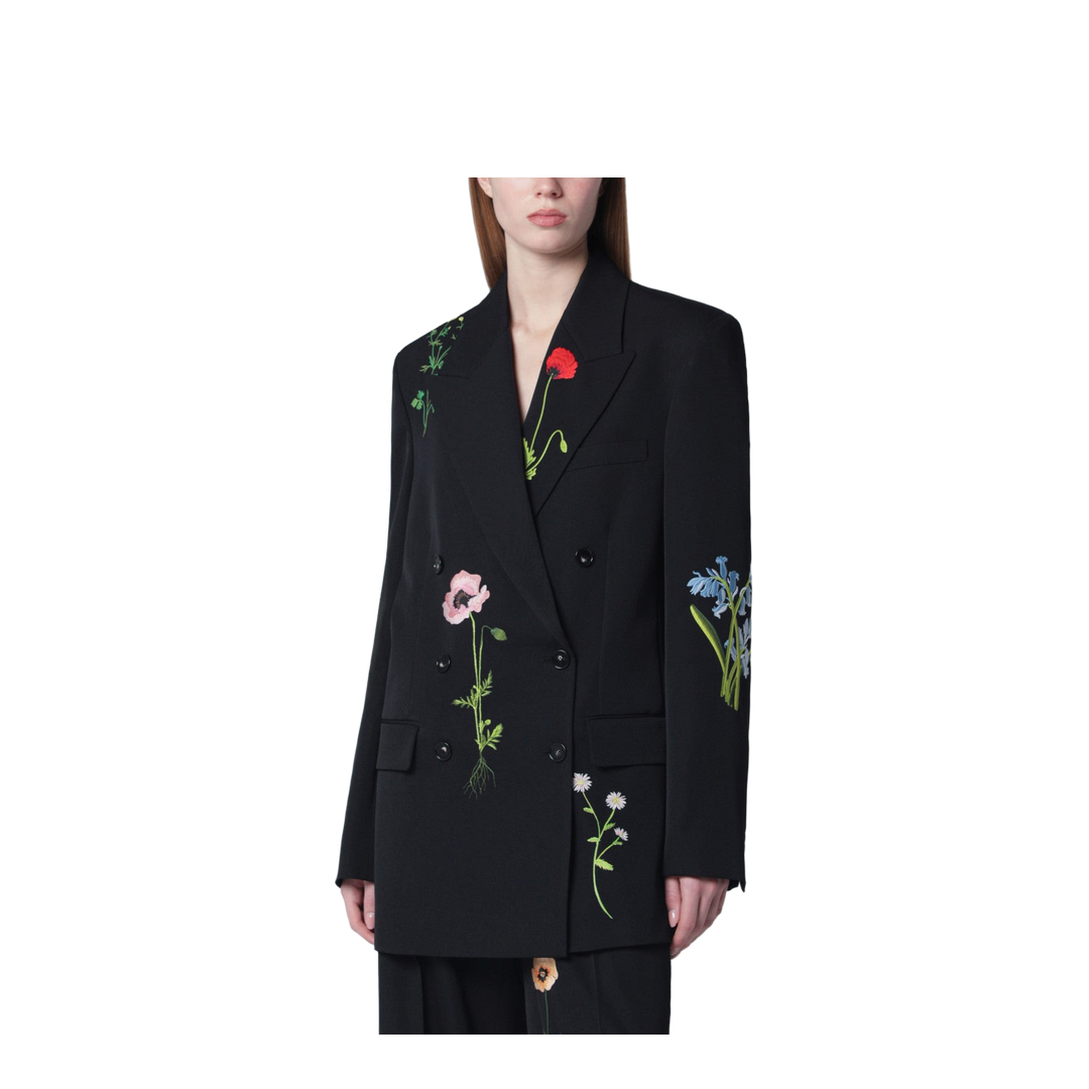 Black Double-Breasted Jacket with Floral Embroidery