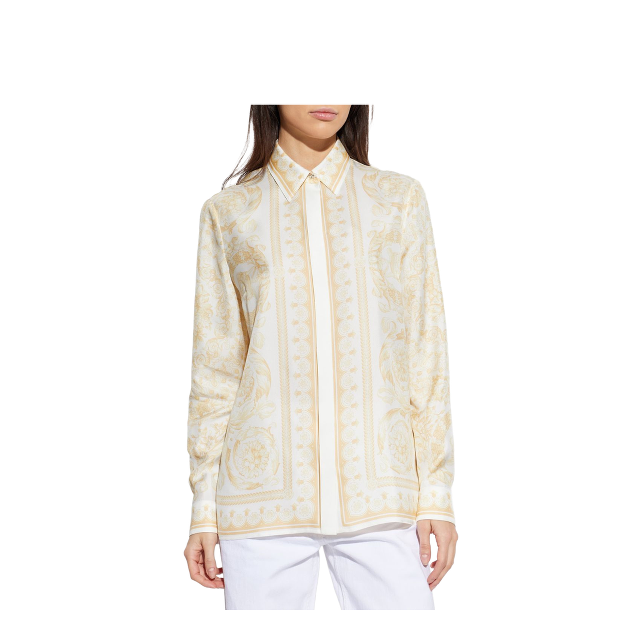 Barocco Print Silk Shirt Gold