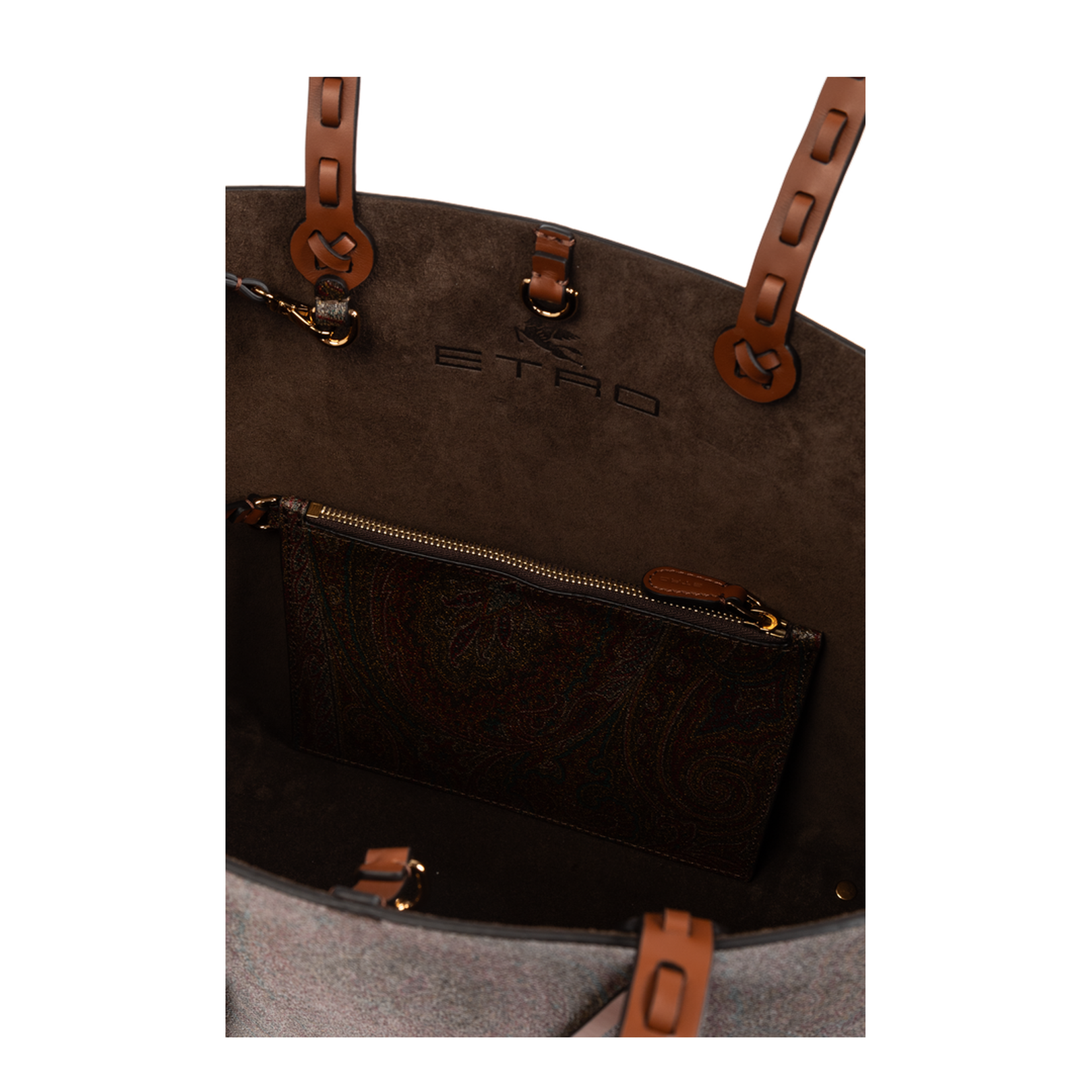 Brown Calf Leather Paisley-Print Shopping Bag