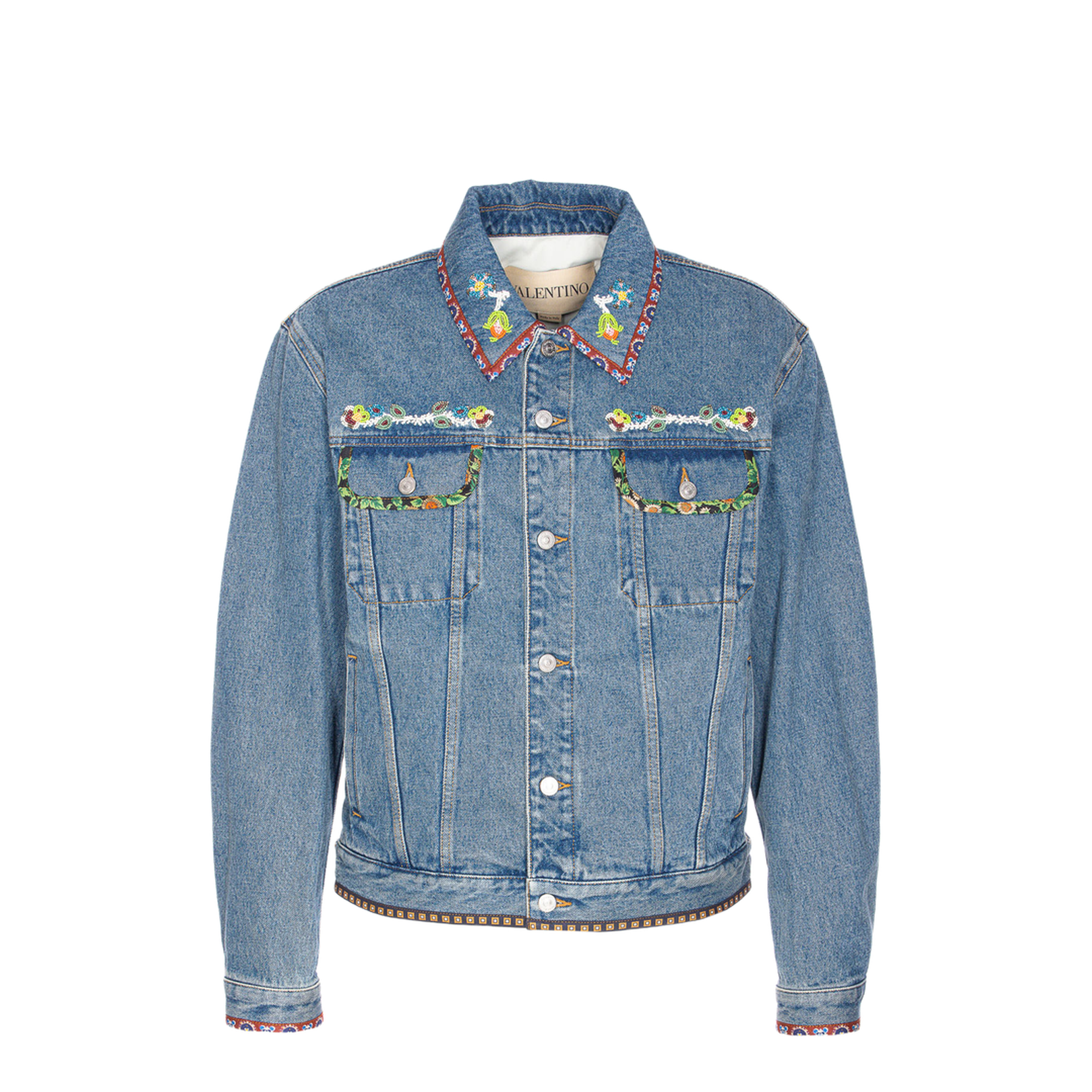 Beaded Embroidery And Printed Edges Denim Jacket