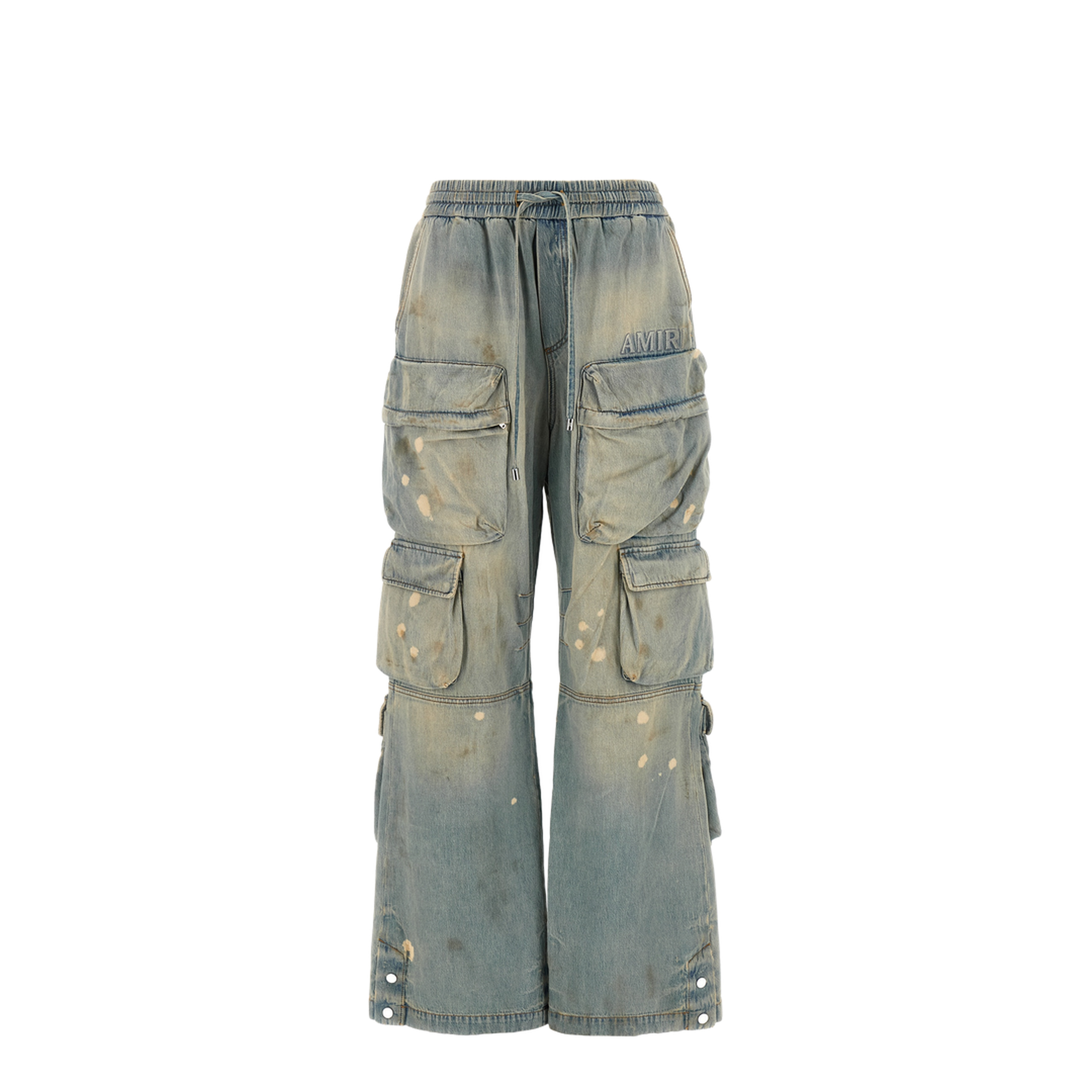 Cargo-Pockets Drawstring Jeans Blue