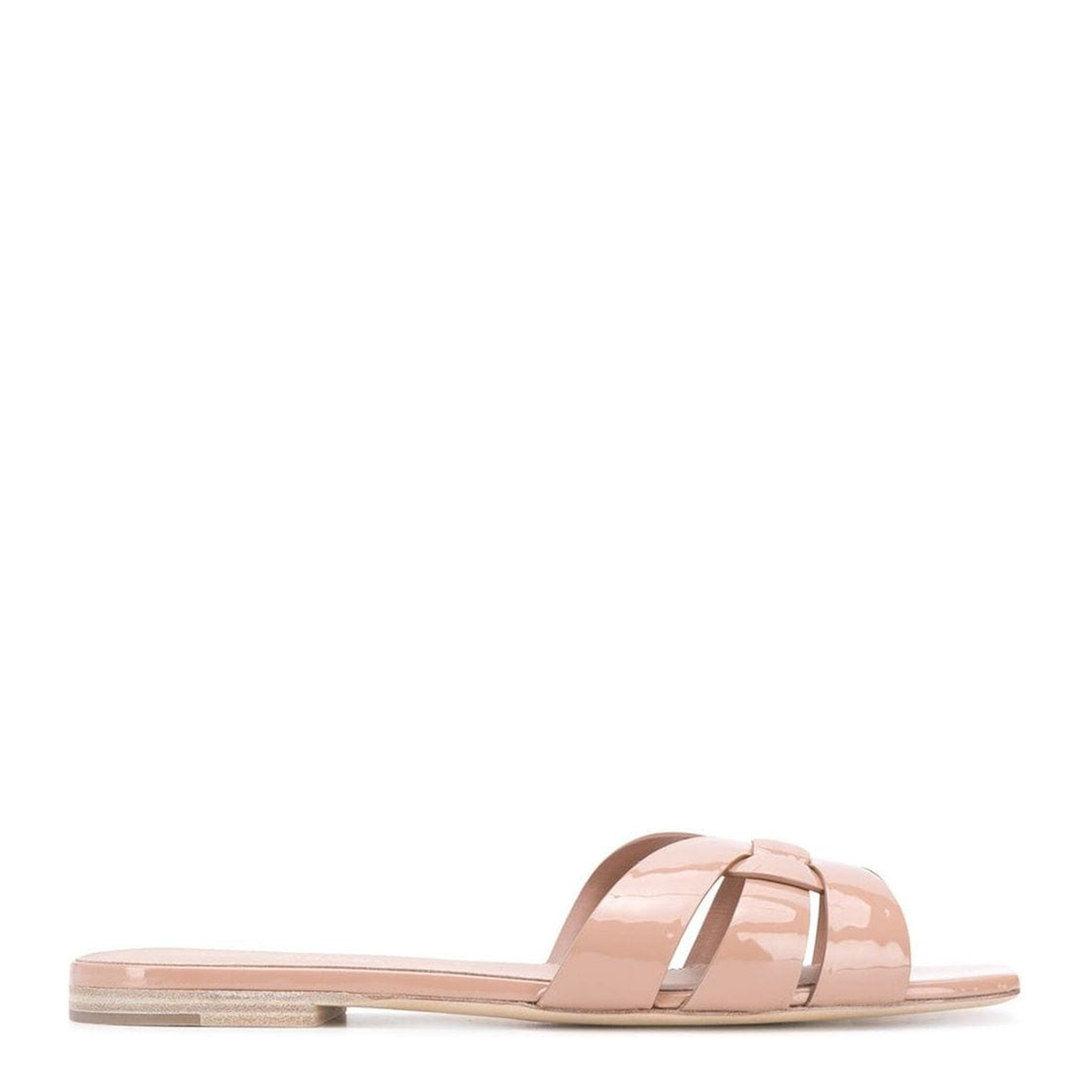 Powder Pink Leather Patent Finish Square Open Toe Multi-Way Strap Design Flat Sole Slip-On Style