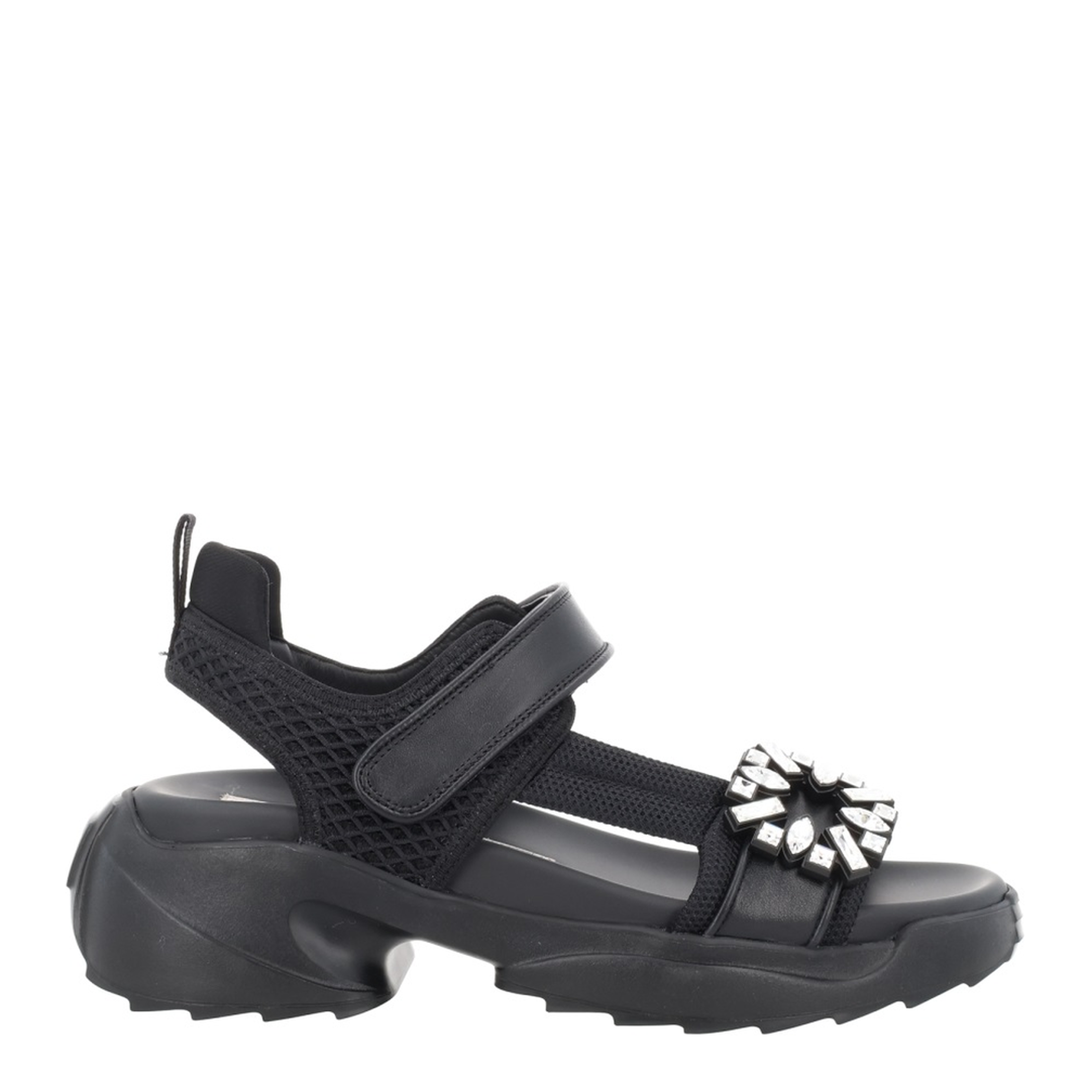 On The Run Black Leather And Textile Sandals