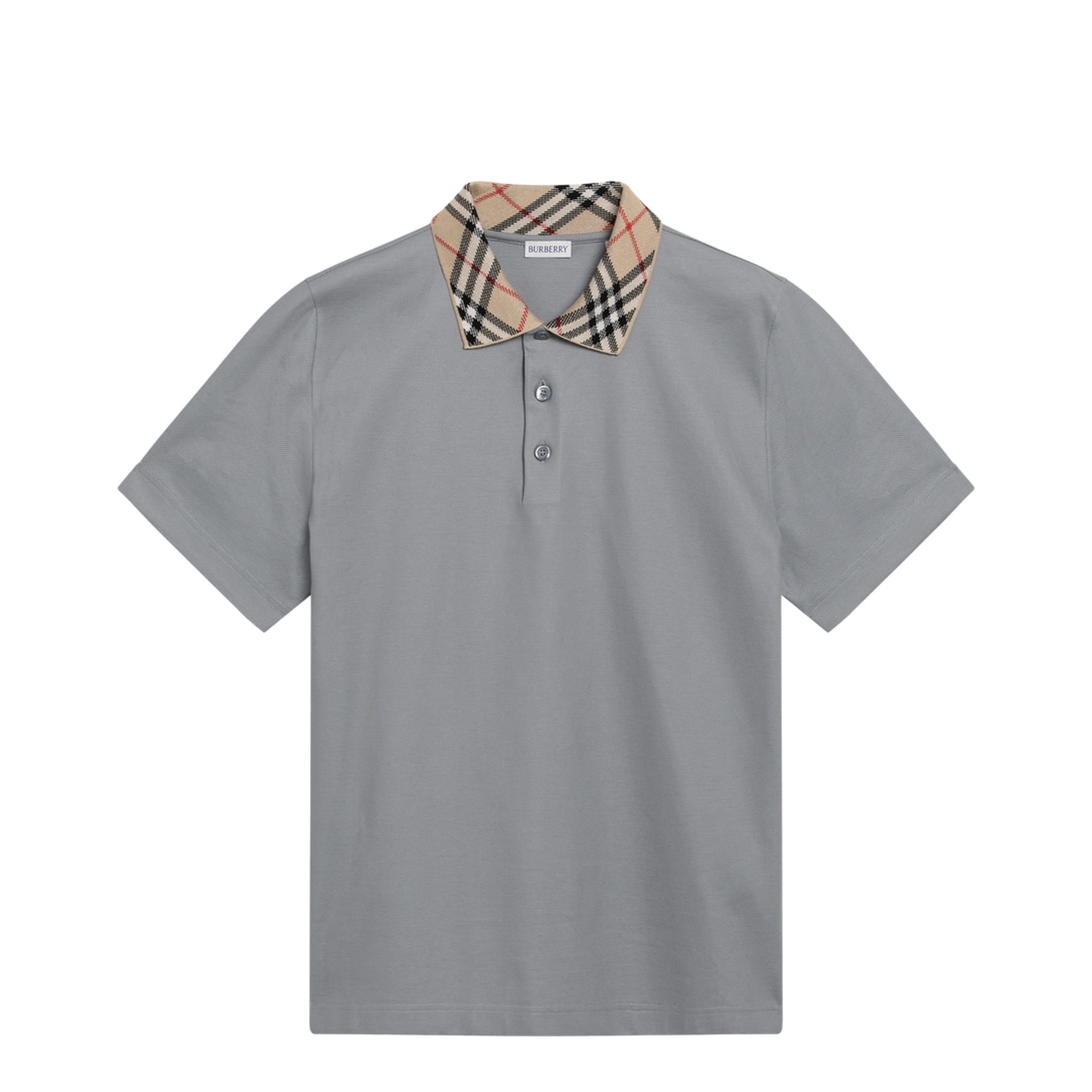 Grey Cotton Polo with Check Collar