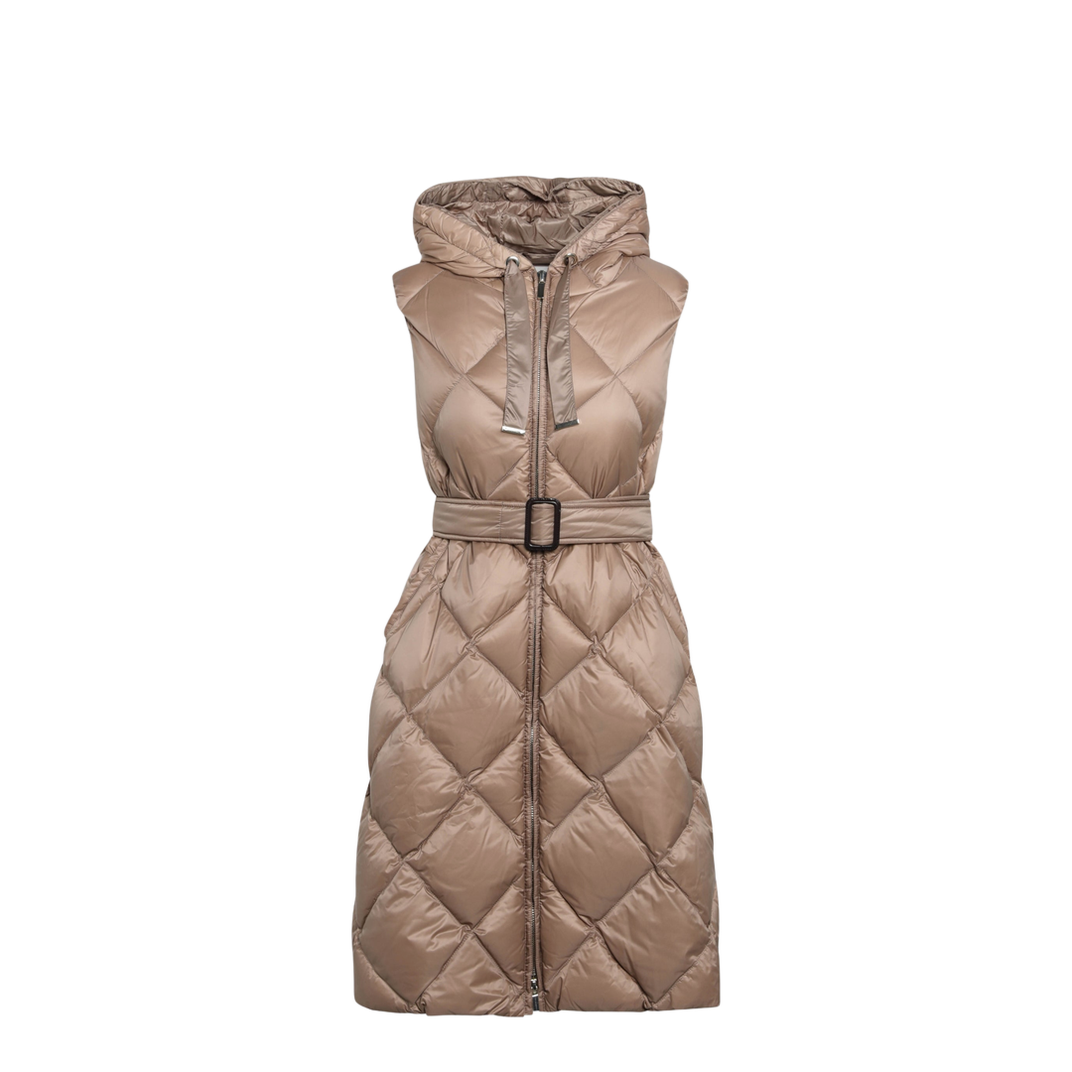 Camel Belted Sleeveless Down Jacket