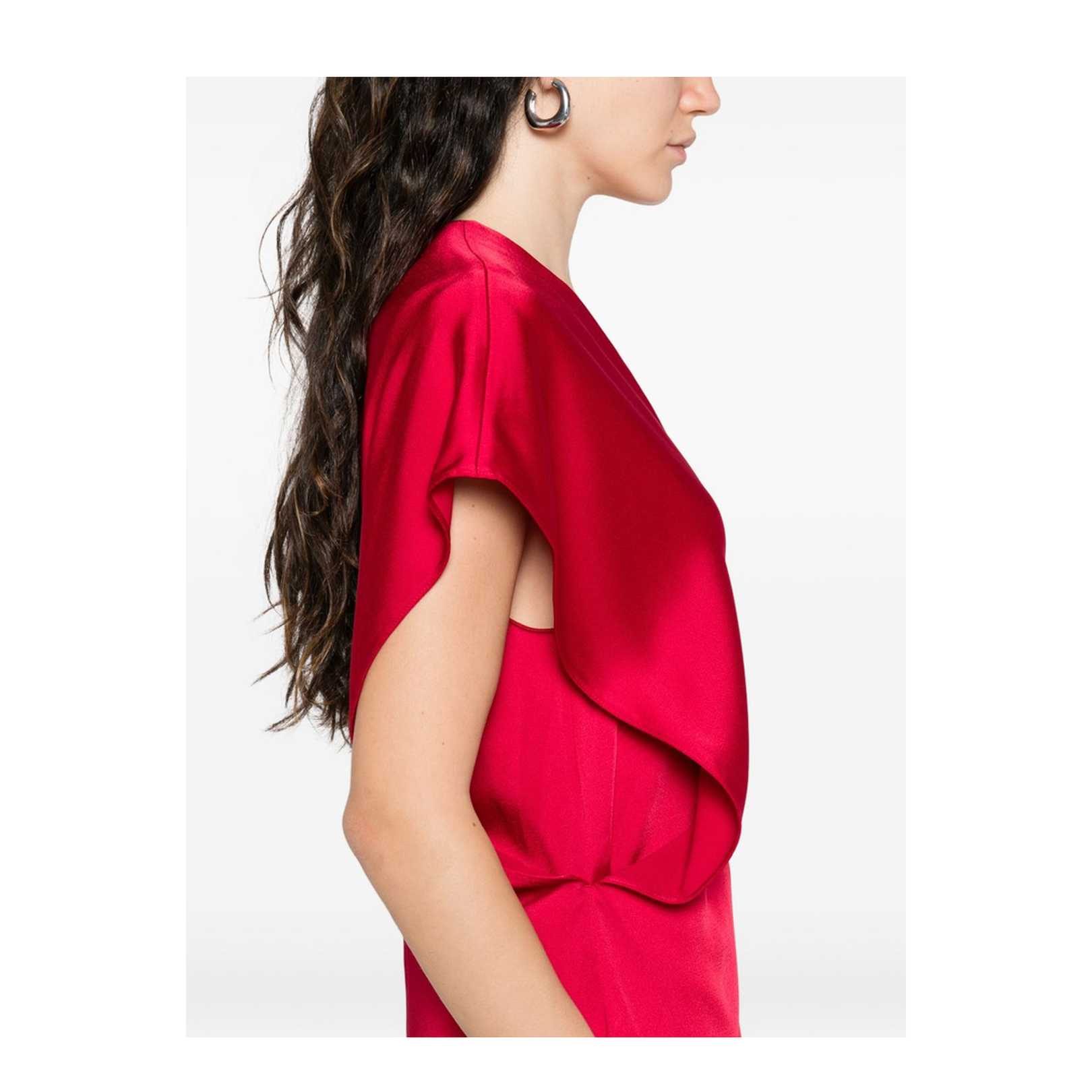 Satin V-necked Midi Dress - Red