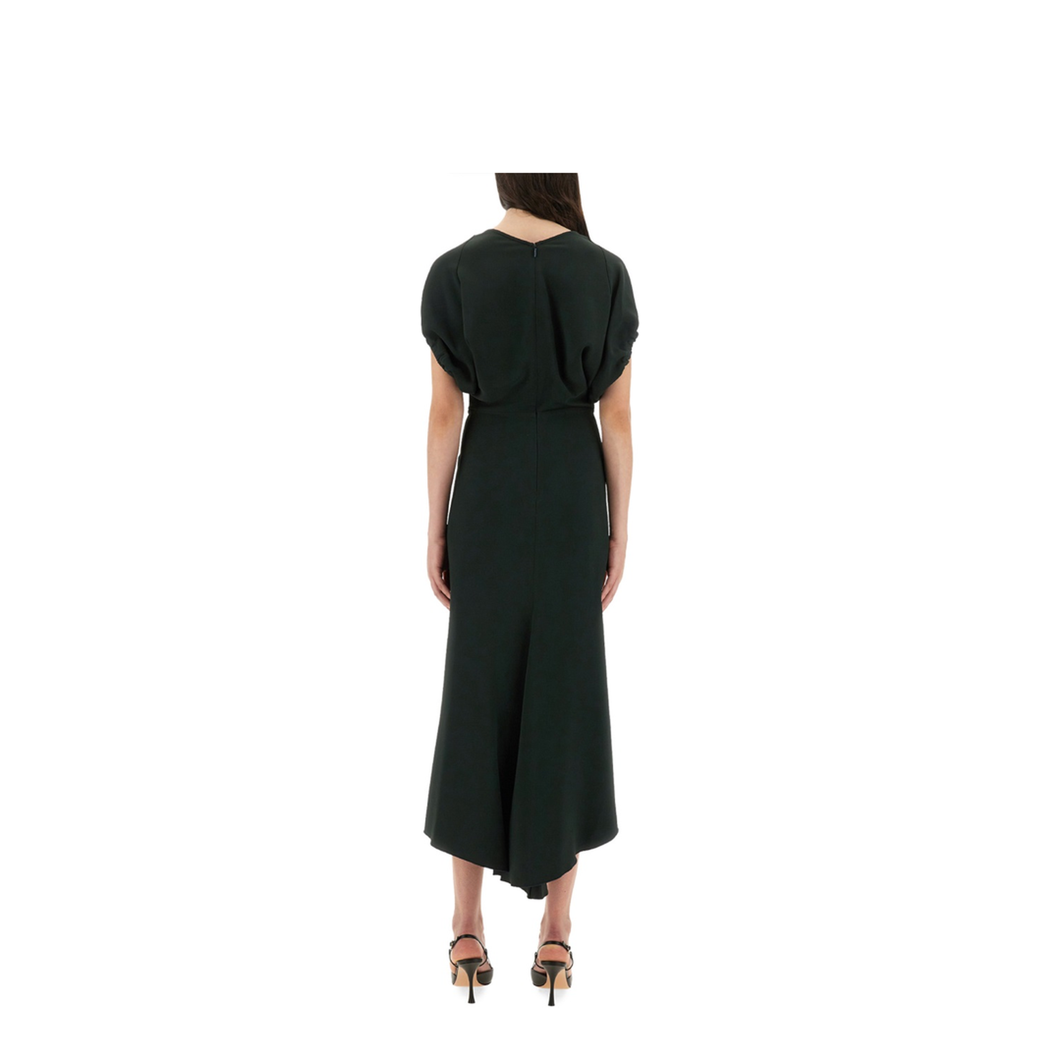 V-Neck Blouson Midi Dress in Black