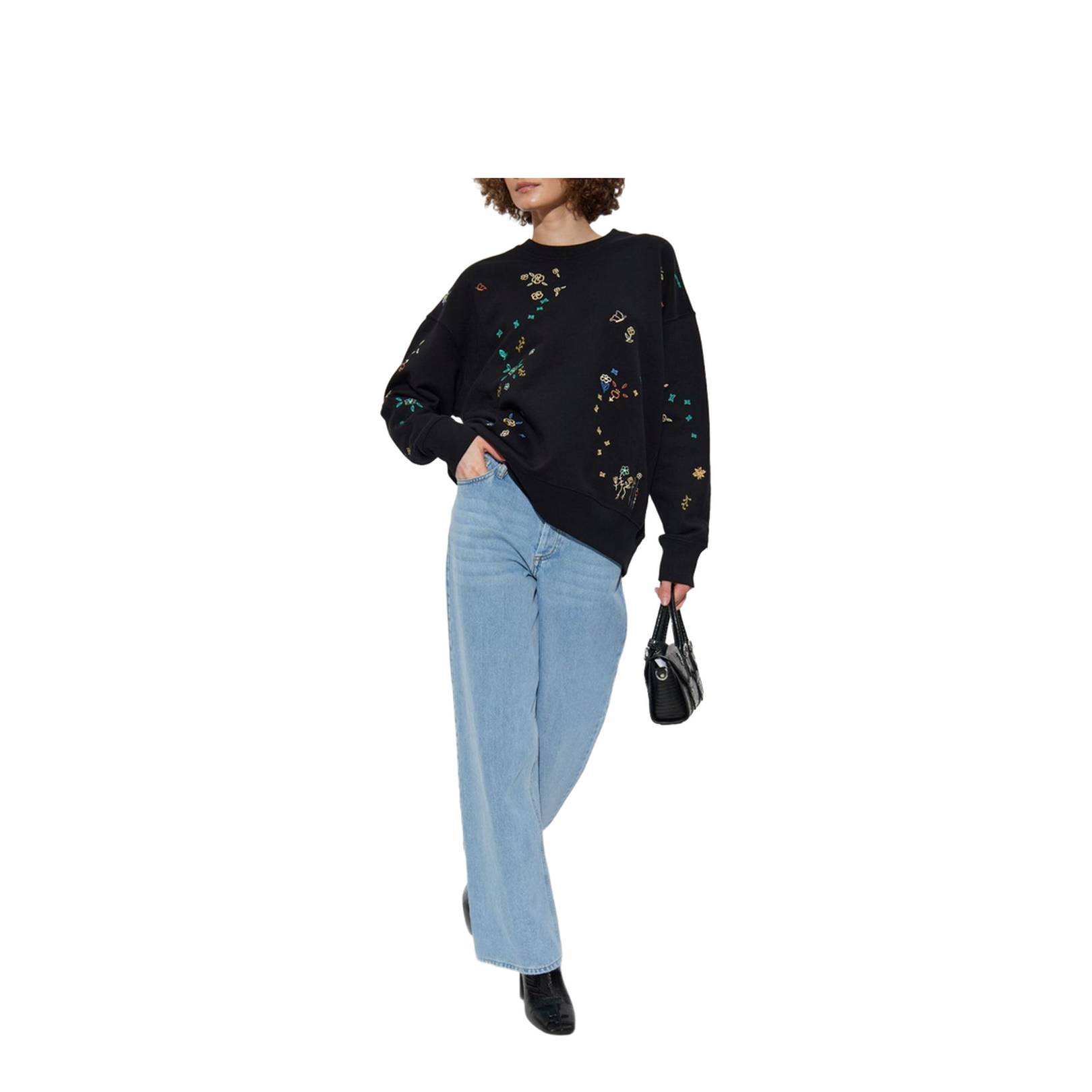 Black Multicoloured Floral Embroidery Crew Neck Long Sleeves Ribbed Cuffs and Hem Relaxed Fit