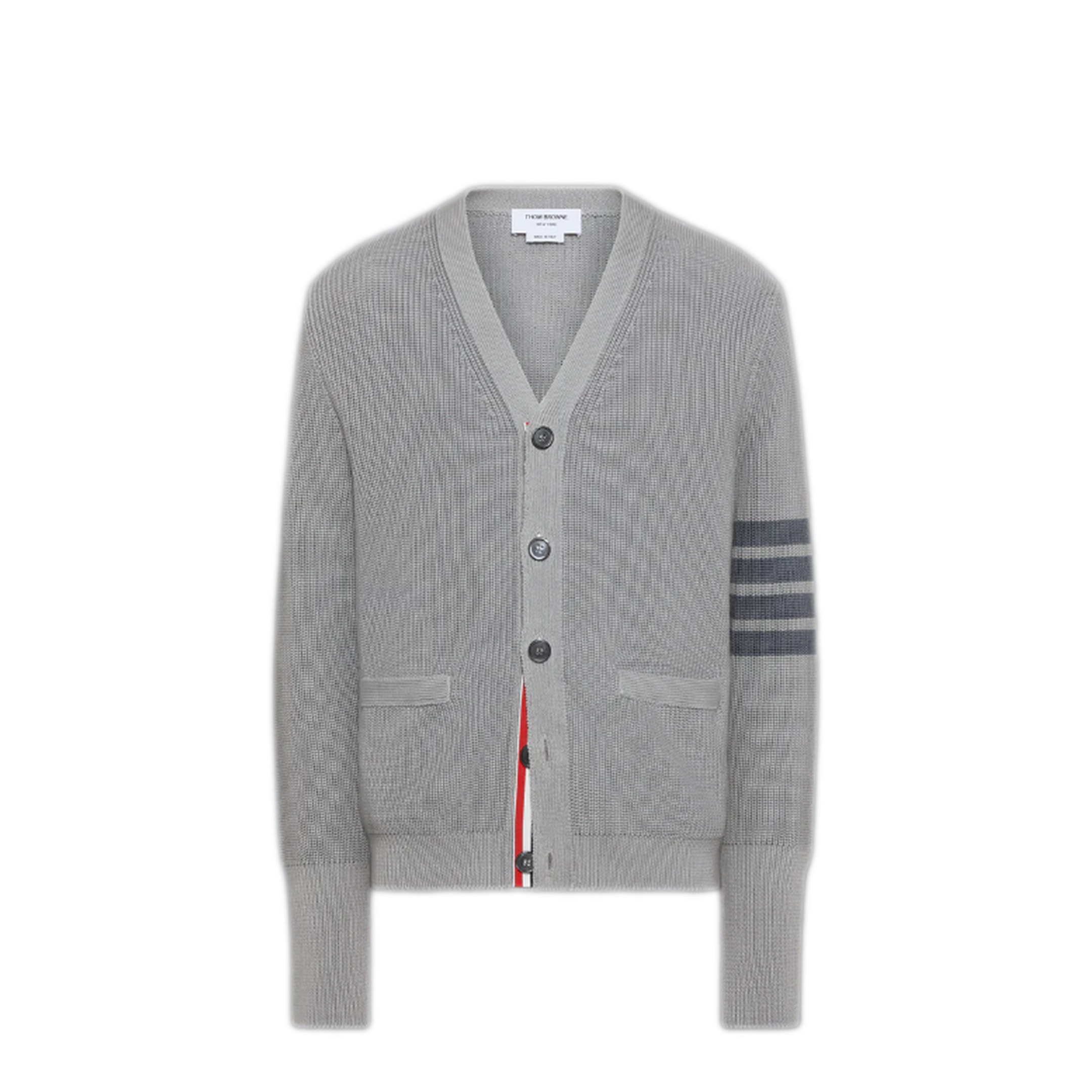 MAYFEYR - Thom Browne - Garment Dye Cardigan Stitch V Neck Cardigan In Cotton W/ Tonal 4 Bar Stripe - MKC635AY3065055