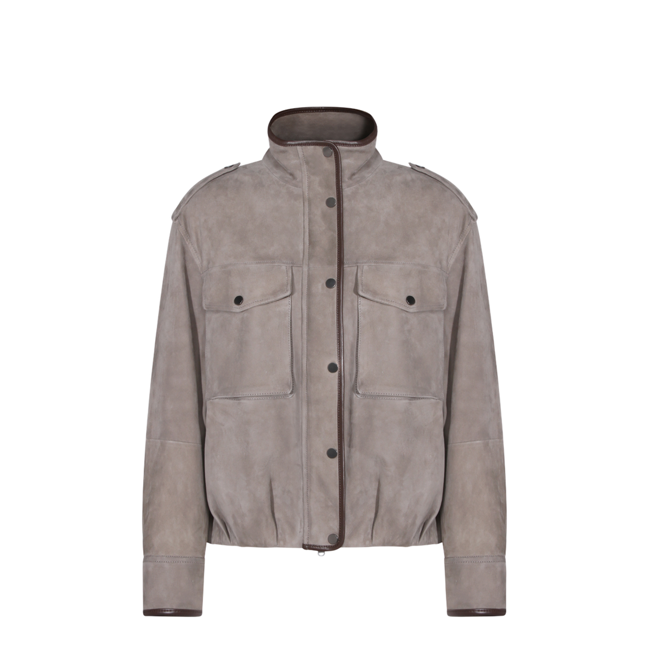 Faded Green Jacket With High Neck And Front Patch Pockets In Suede