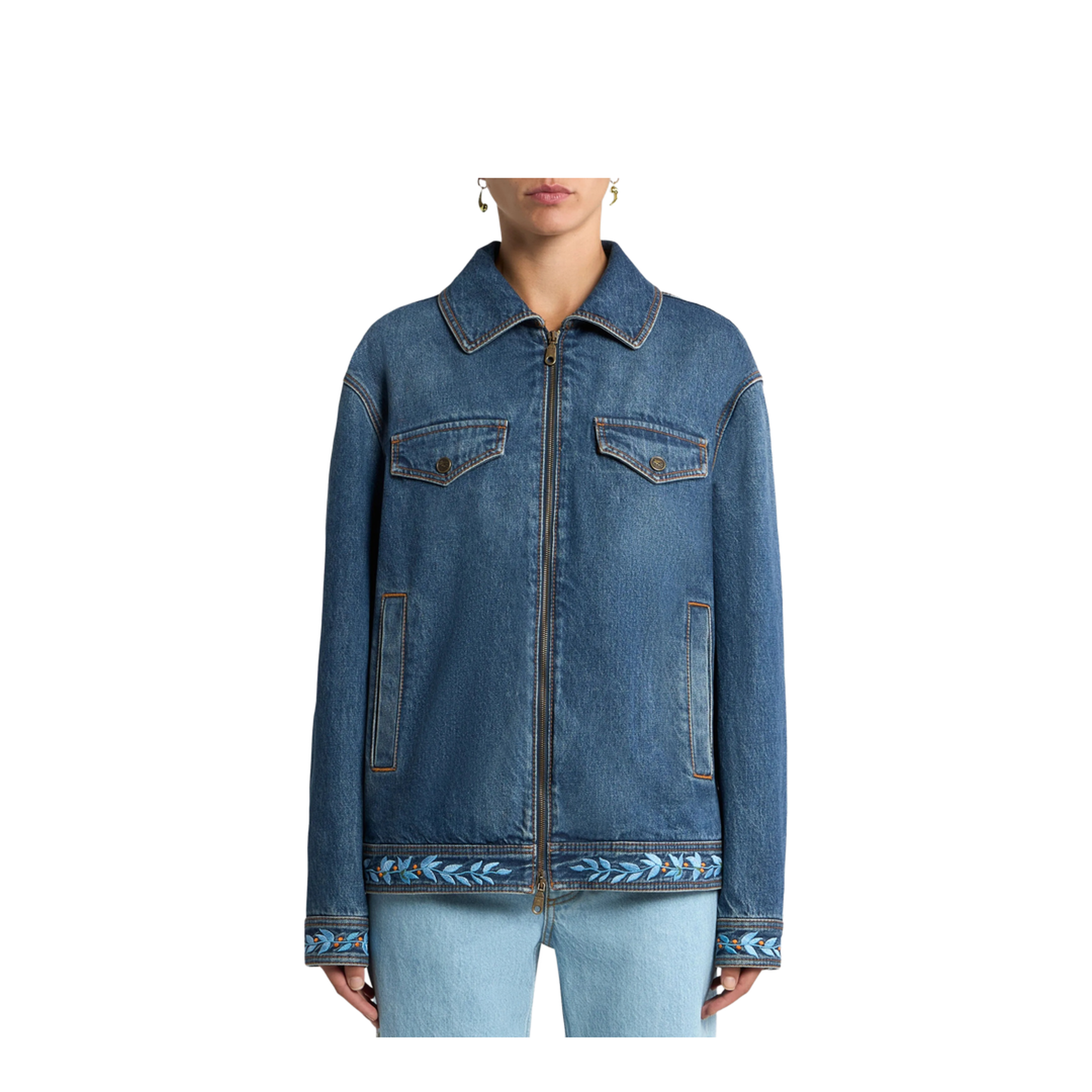 Denim Jacket with Embroidery and Zip