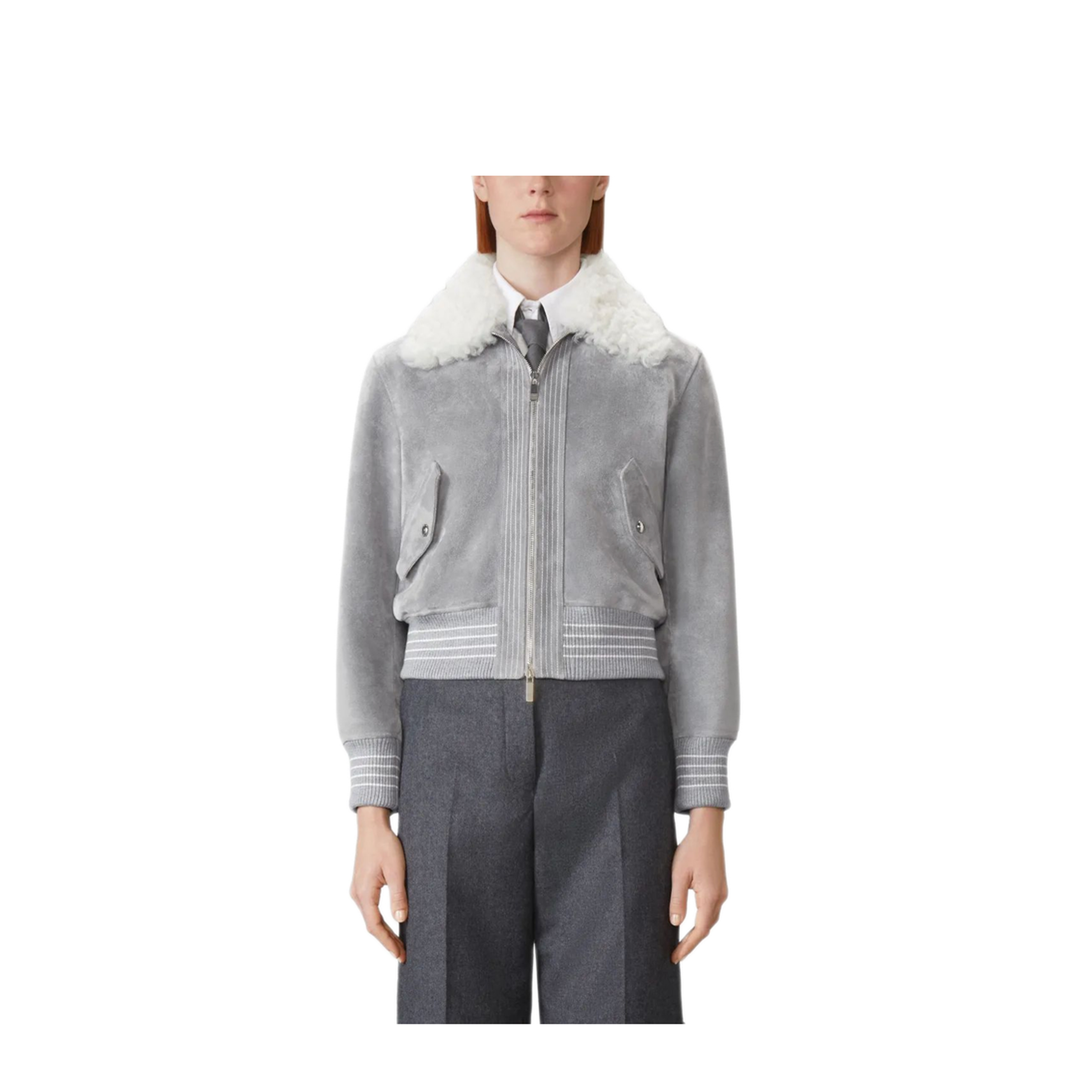 MAYFEYR - Thom Browne - Cropped Flight Jacket With Shearling Collar In Suede - FBC910YL0140035
