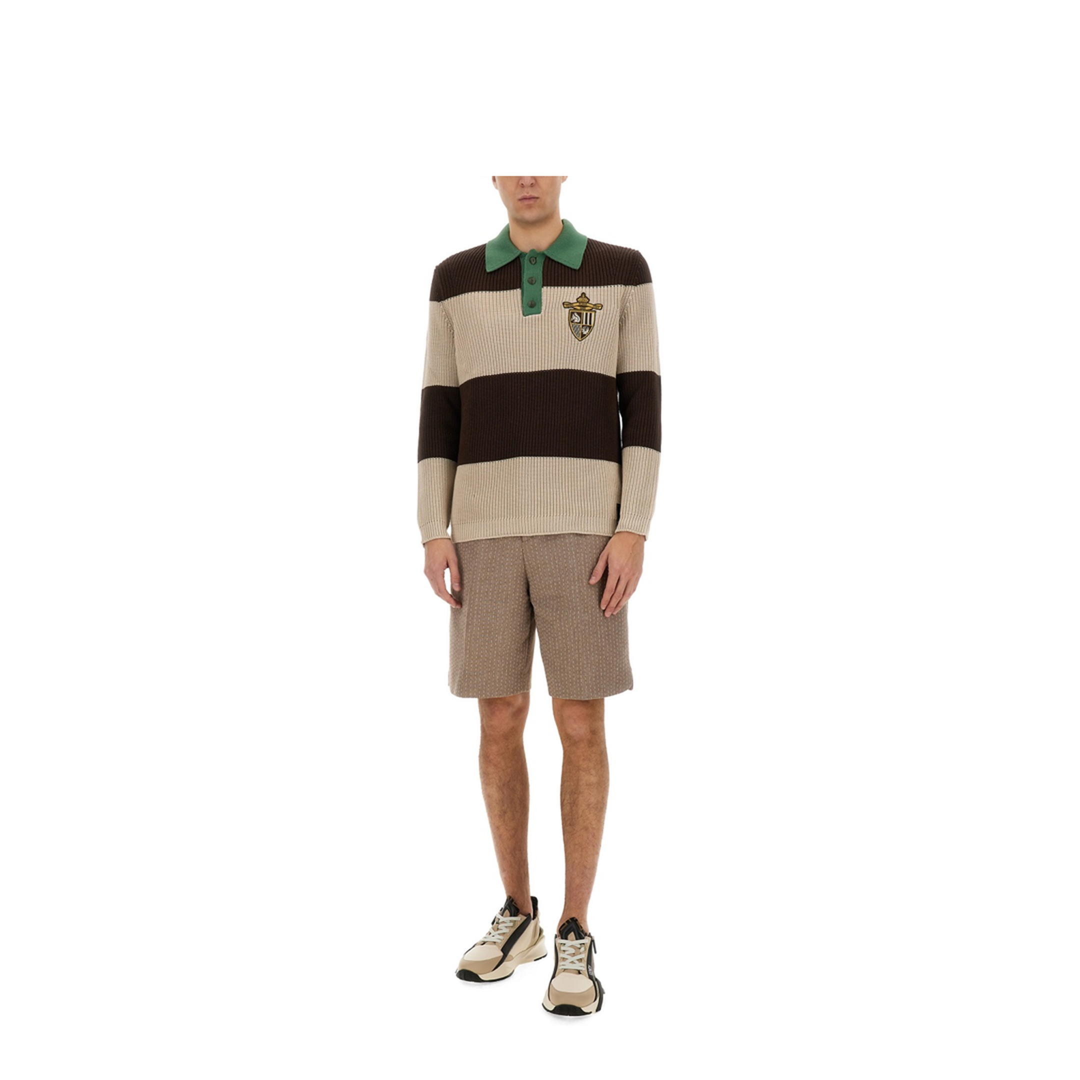 Knitted Cotton Polo Shirt with Brown and Beige Stripes