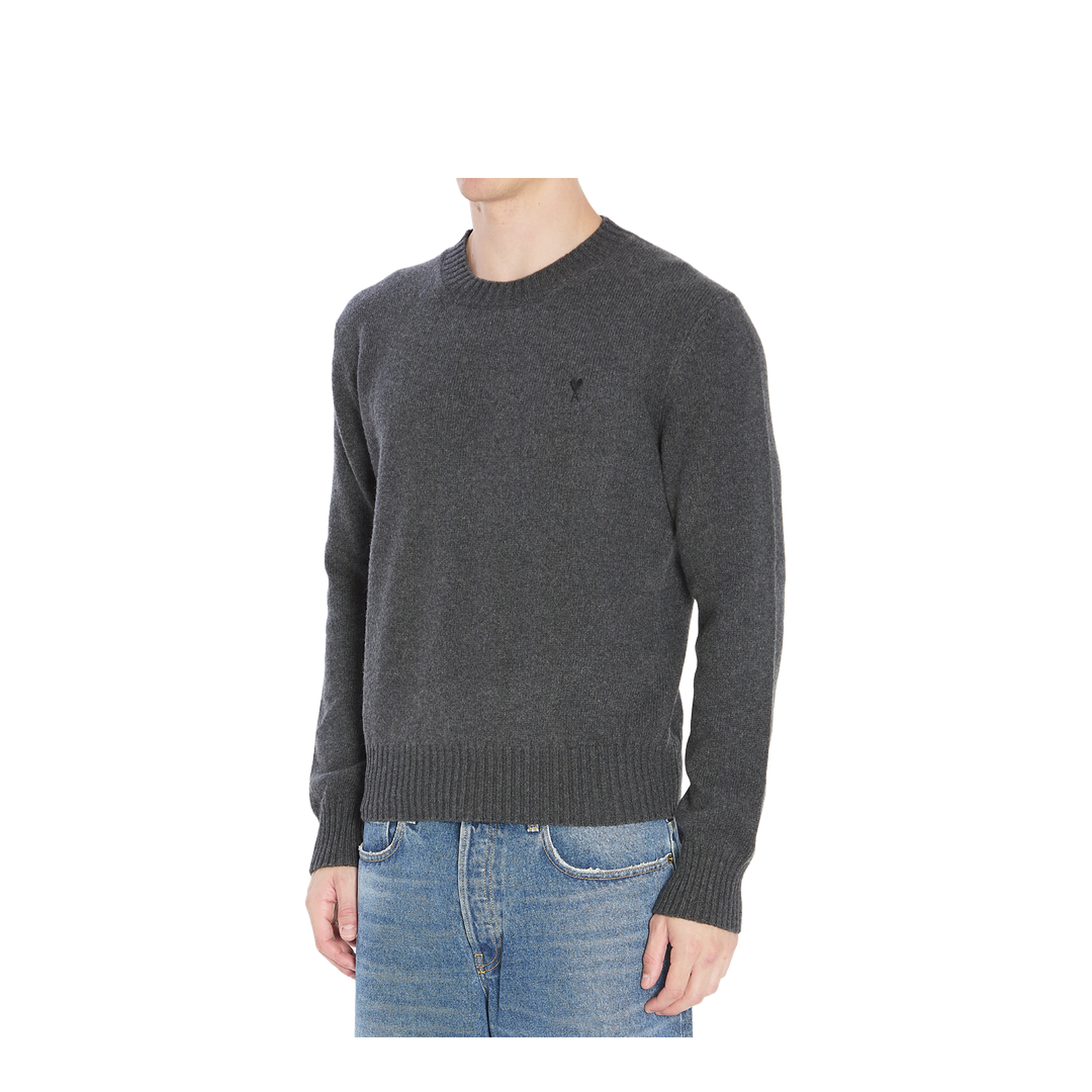 Grey Crew-Neck Sweater with Ribbed Trims