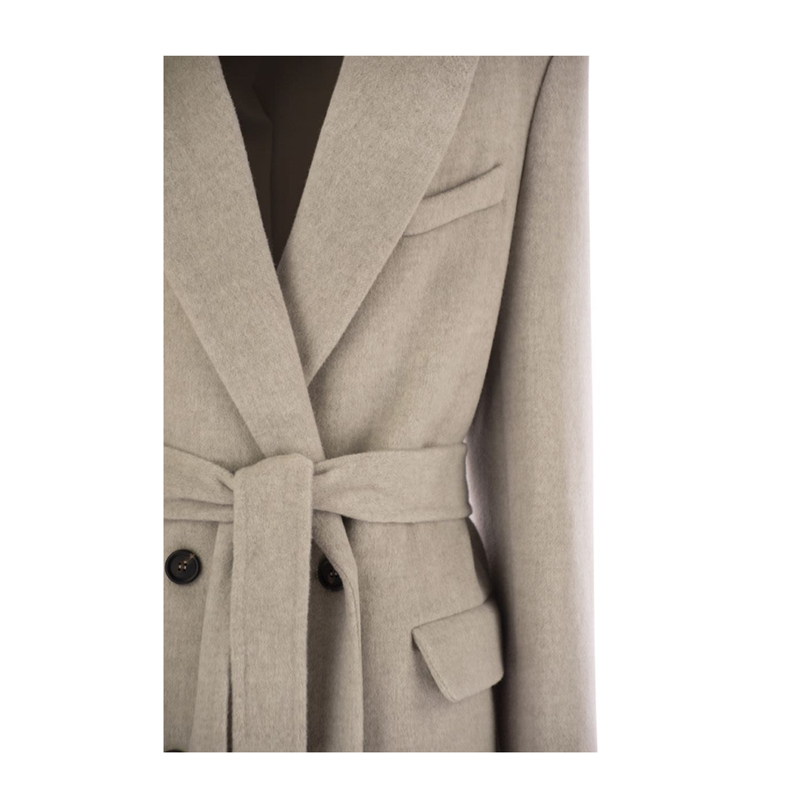 Double-breasted coat in virgin wool and cashmere cloth with jewellery