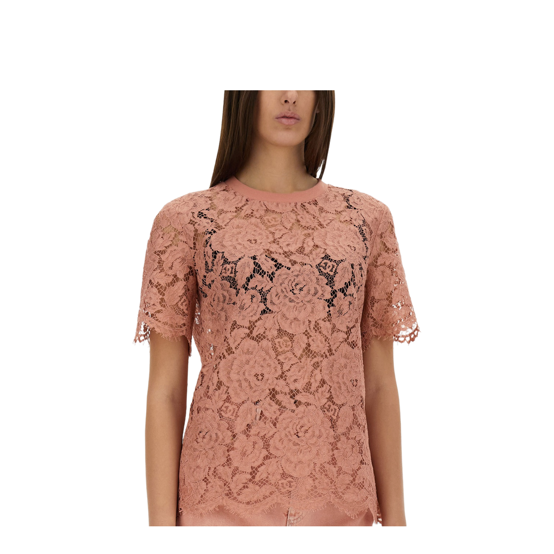 Short-sleeved Cordonetto Lace T-shirt in Pink