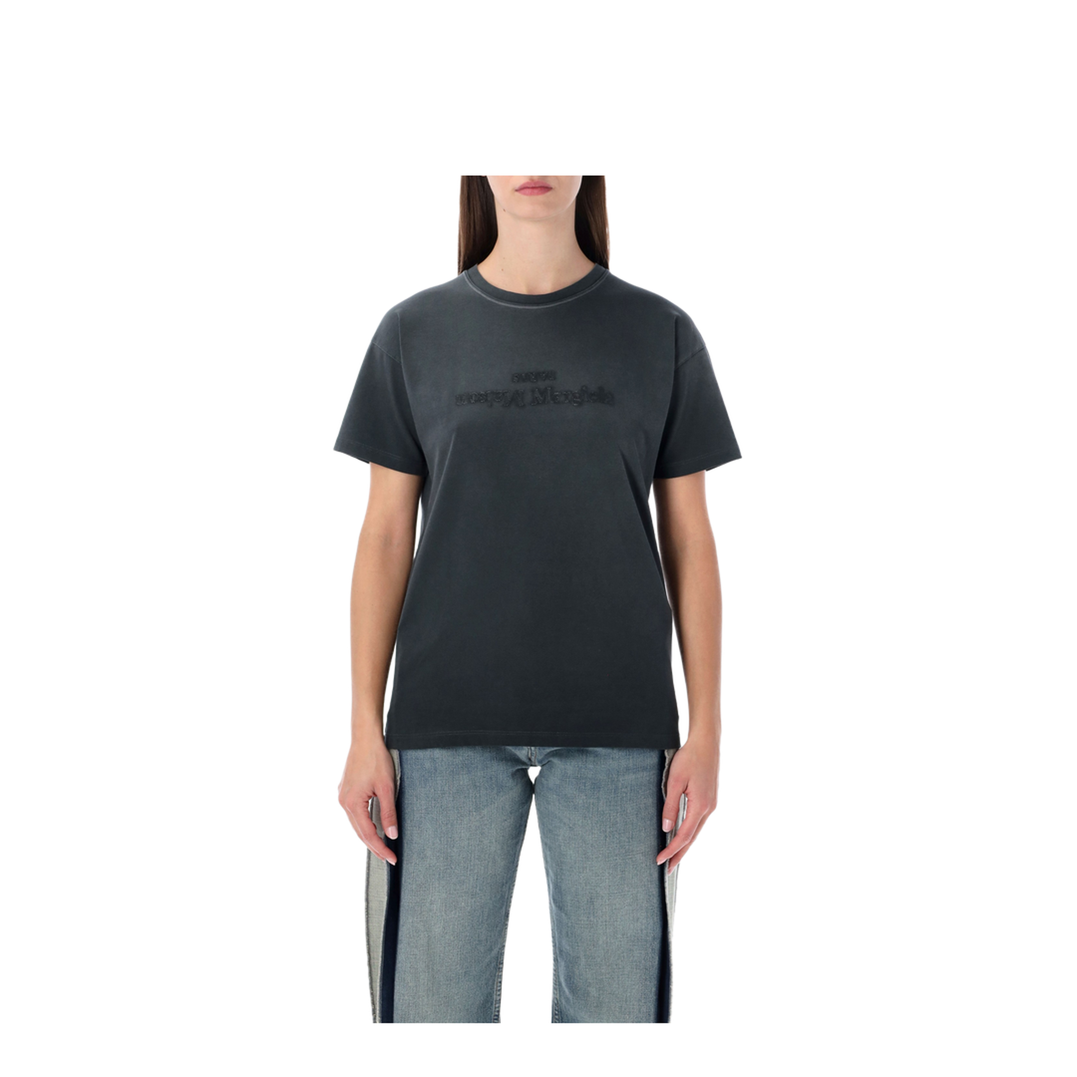 Black Washed-Out Cotton T-Shirt with Reverse Logo