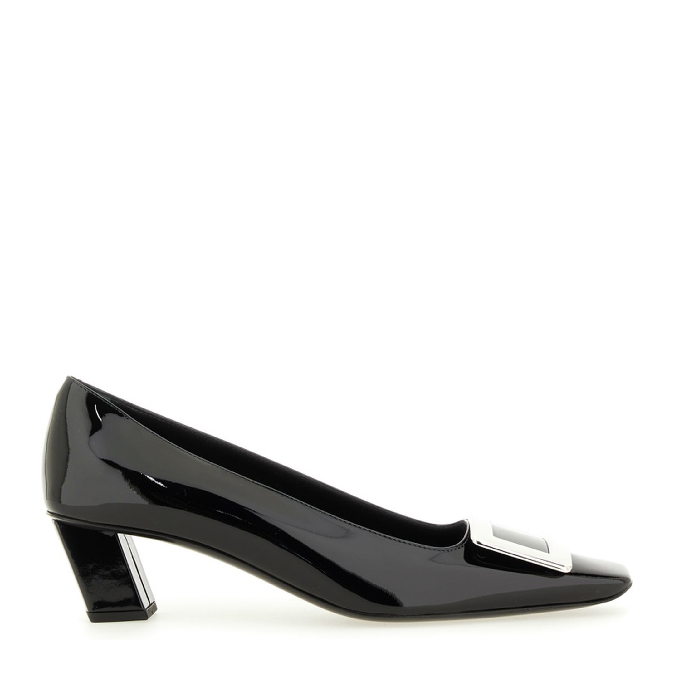 black calfskin pumps with buckle and wide heel