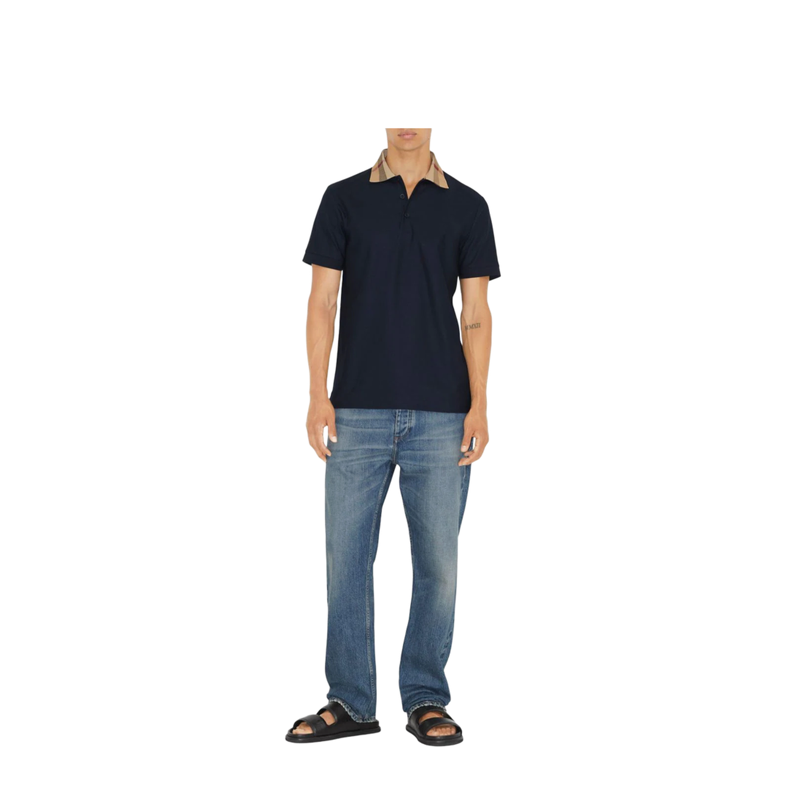 Checked-Collar Cotton Polo Shirt - Blue