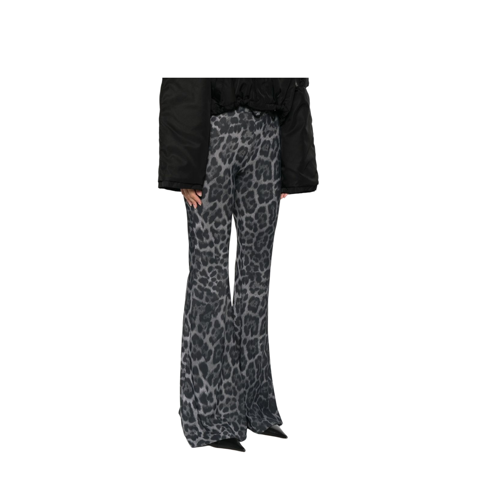Ash Grey Leopard-Print Mid-Rise Flared Trousers