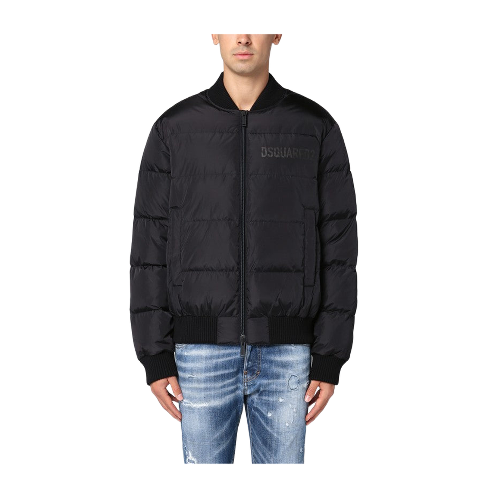 Black Nylon Puffer Bomber Jacket