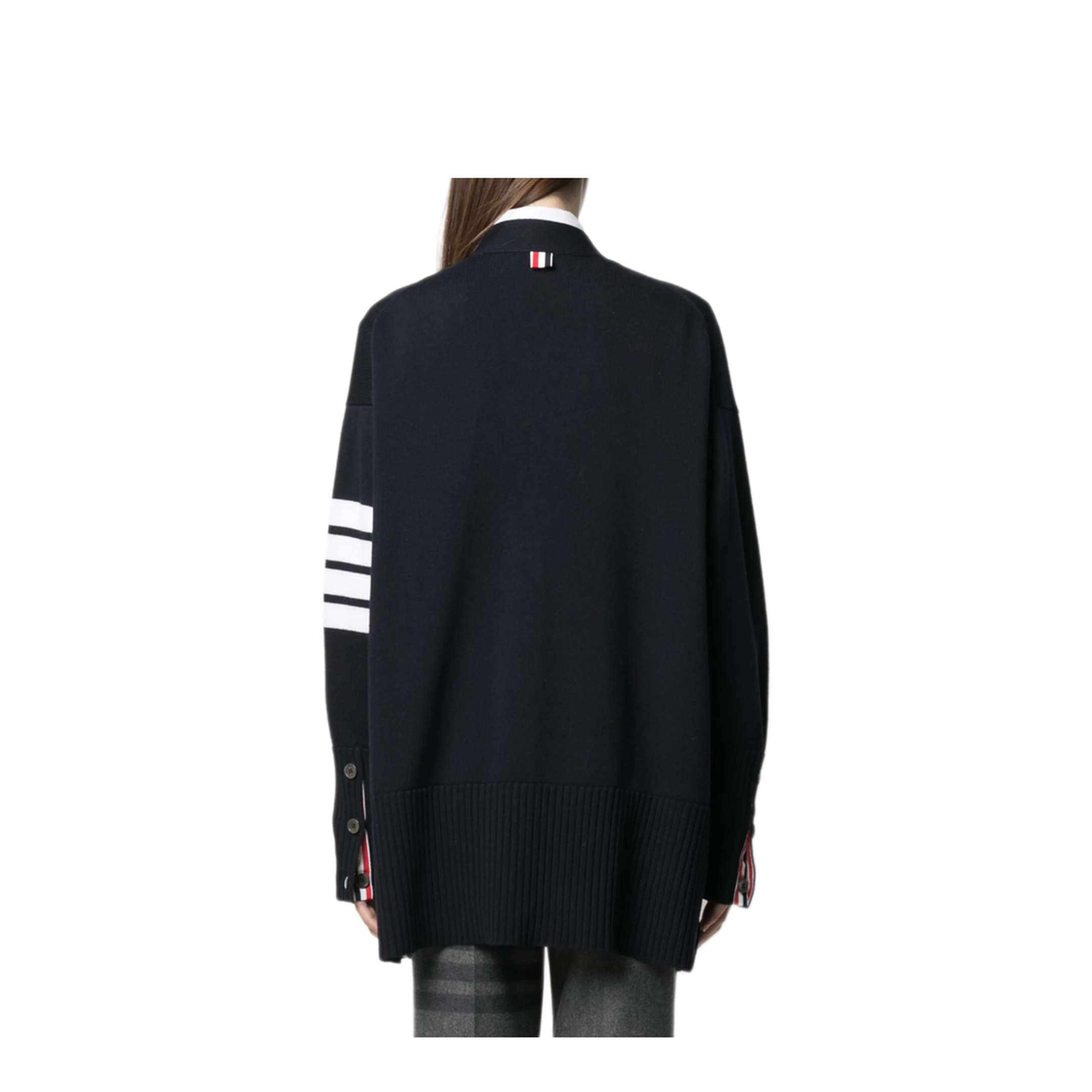 MAYFEYR - Thom Browne - Exaggerated Fit V Neck Cardigan W/ 4 Bar Stripe In Fine Merino Wool - FKC402AY1002415