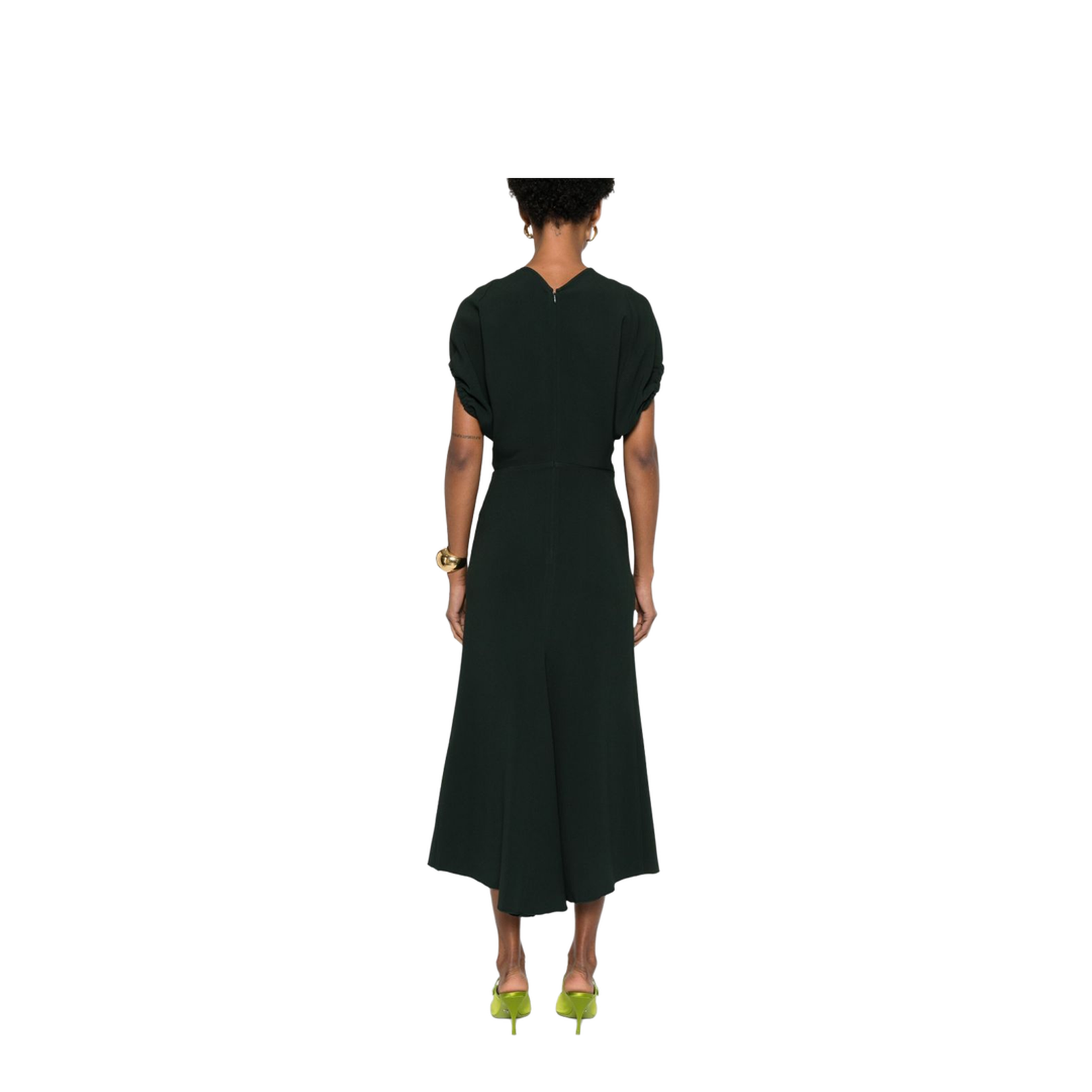V-Neck Blouson Midi Dress in Black