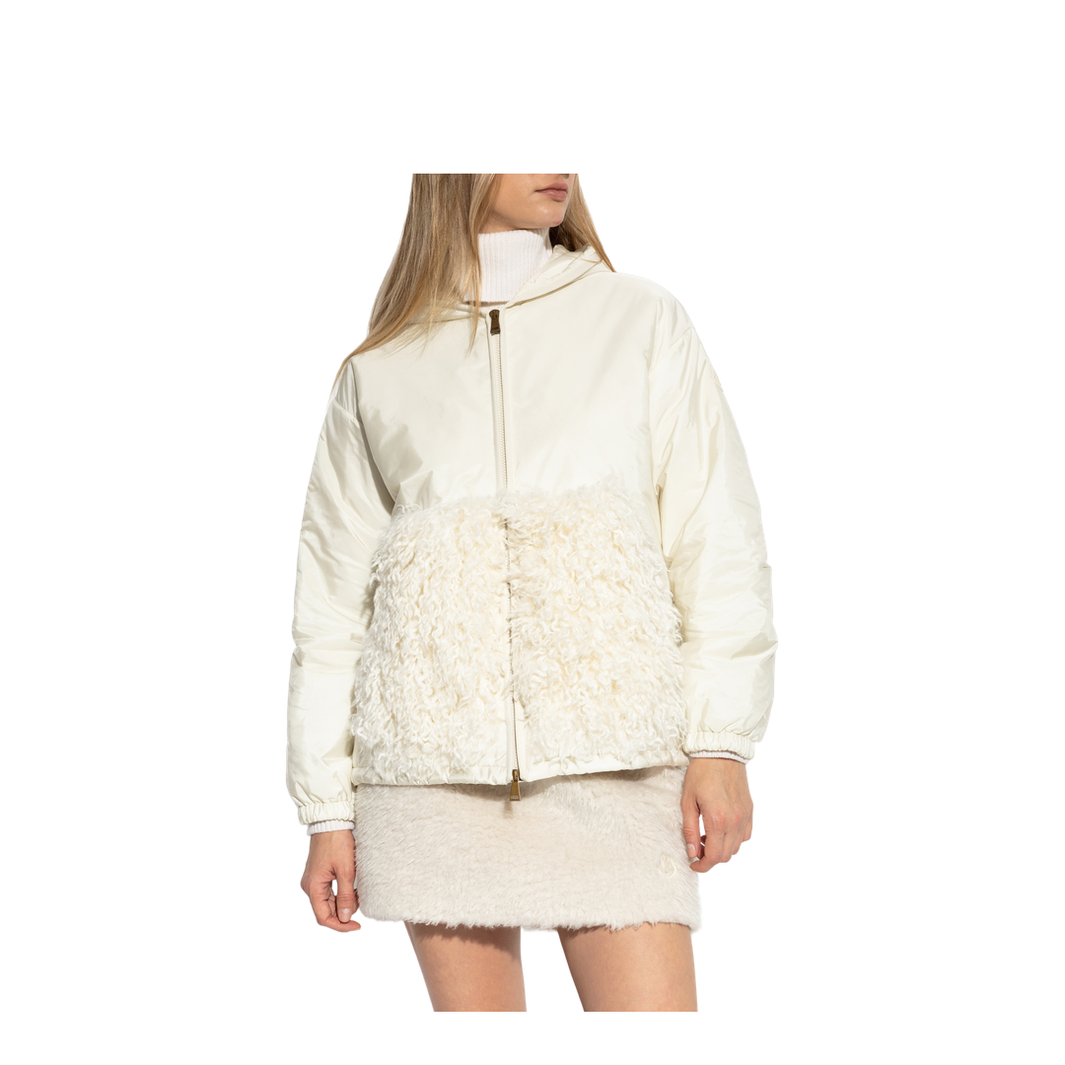 White Teddy-Trimmed Padded Zip-Up Hoodie