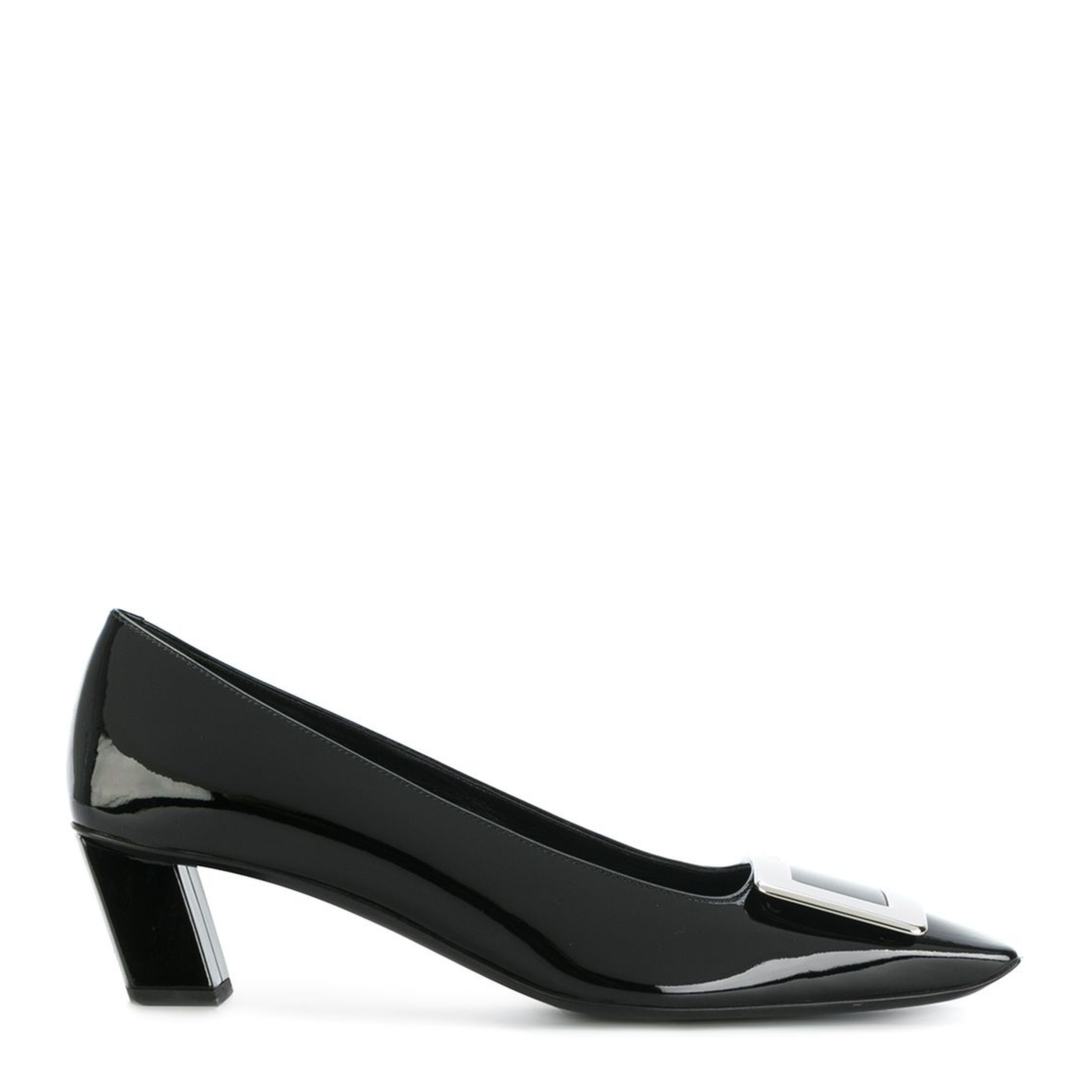black calfskin pumps with buckle and wide heel