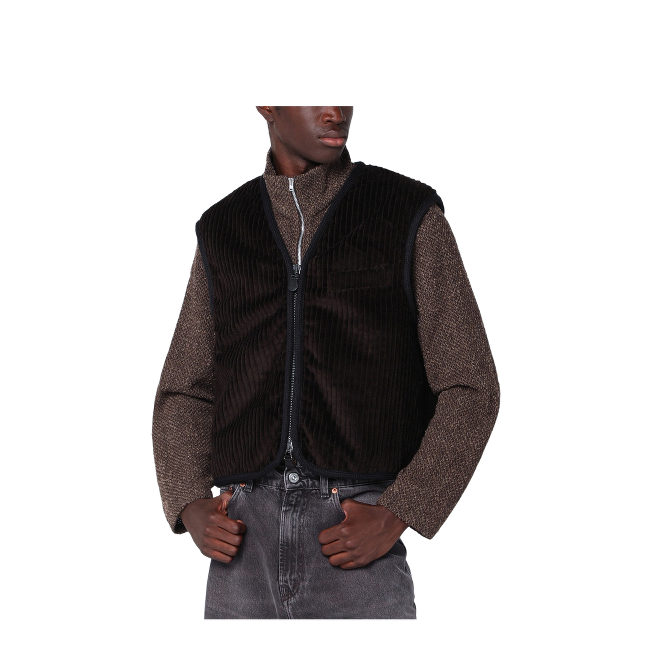 Brown Ribbed Velvet Zip-Up Waistcoat
