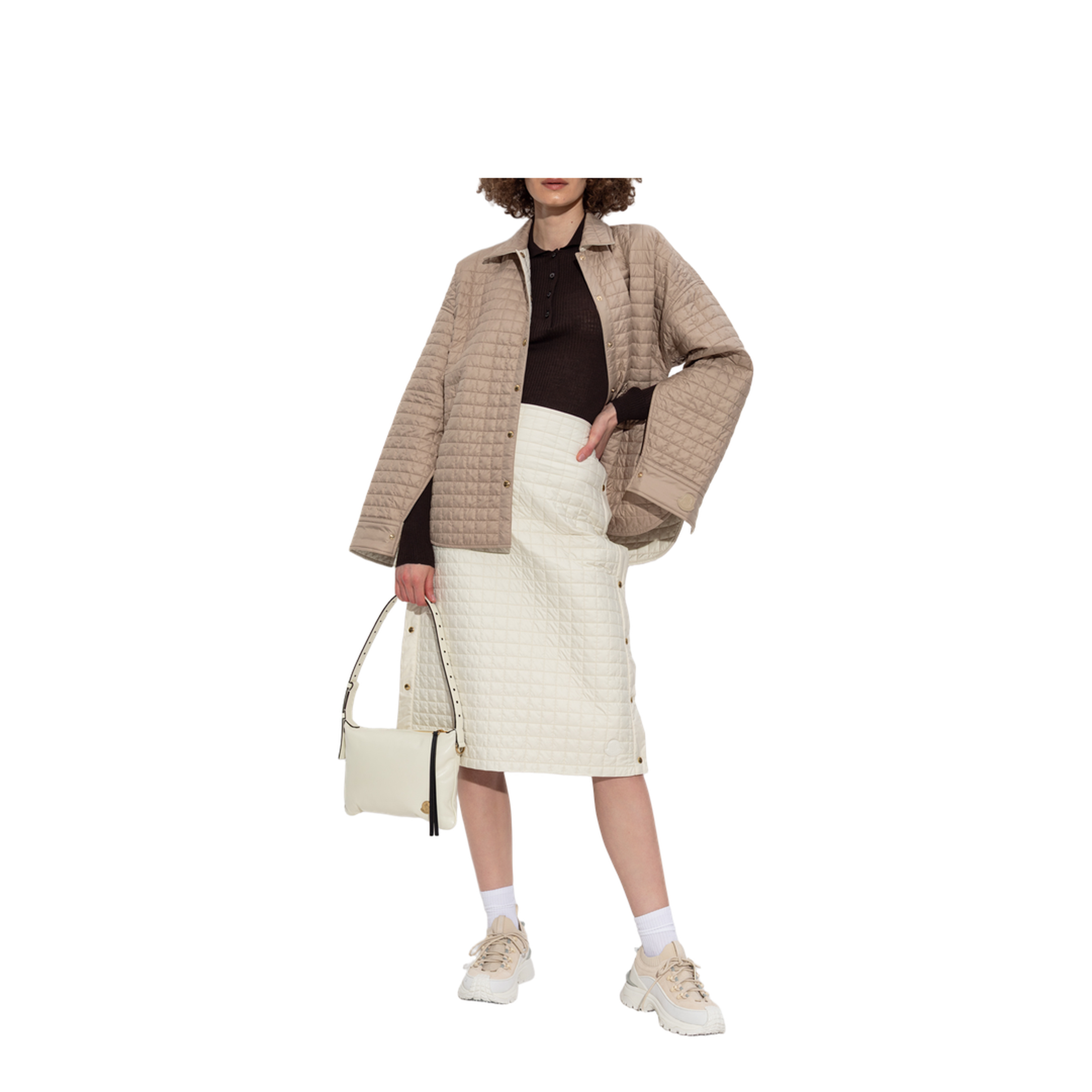 Light Beige Square-Quilted Padded Midi Skirt